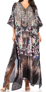Vestido caftán largo Sakkas Georgettina con escote en V y cristales fluidos