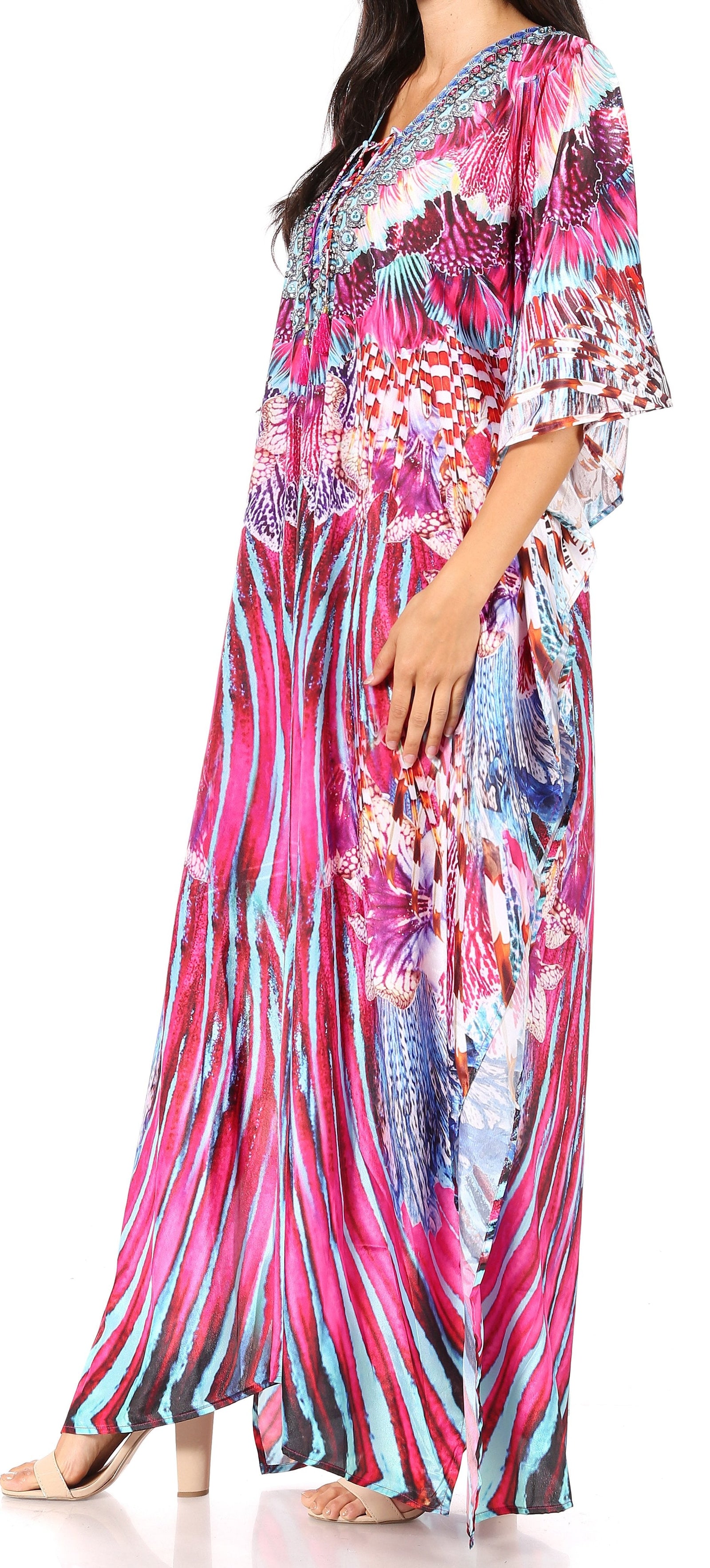Vestido caftán largo Sakkas Georgettina con escote en V y cristales fluidos