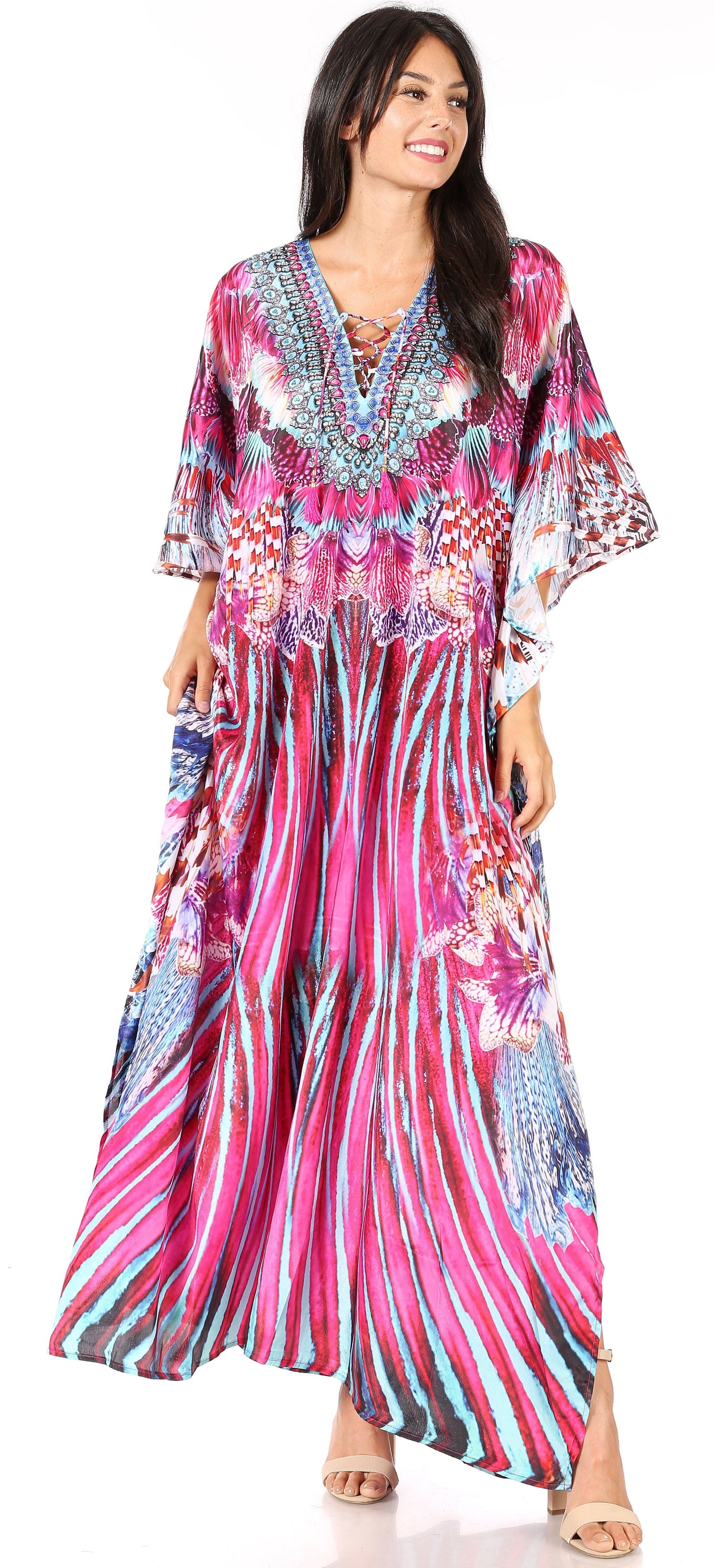 Vestido caftán largo Sakkas Georgettina con escote en V y cristales fluidos