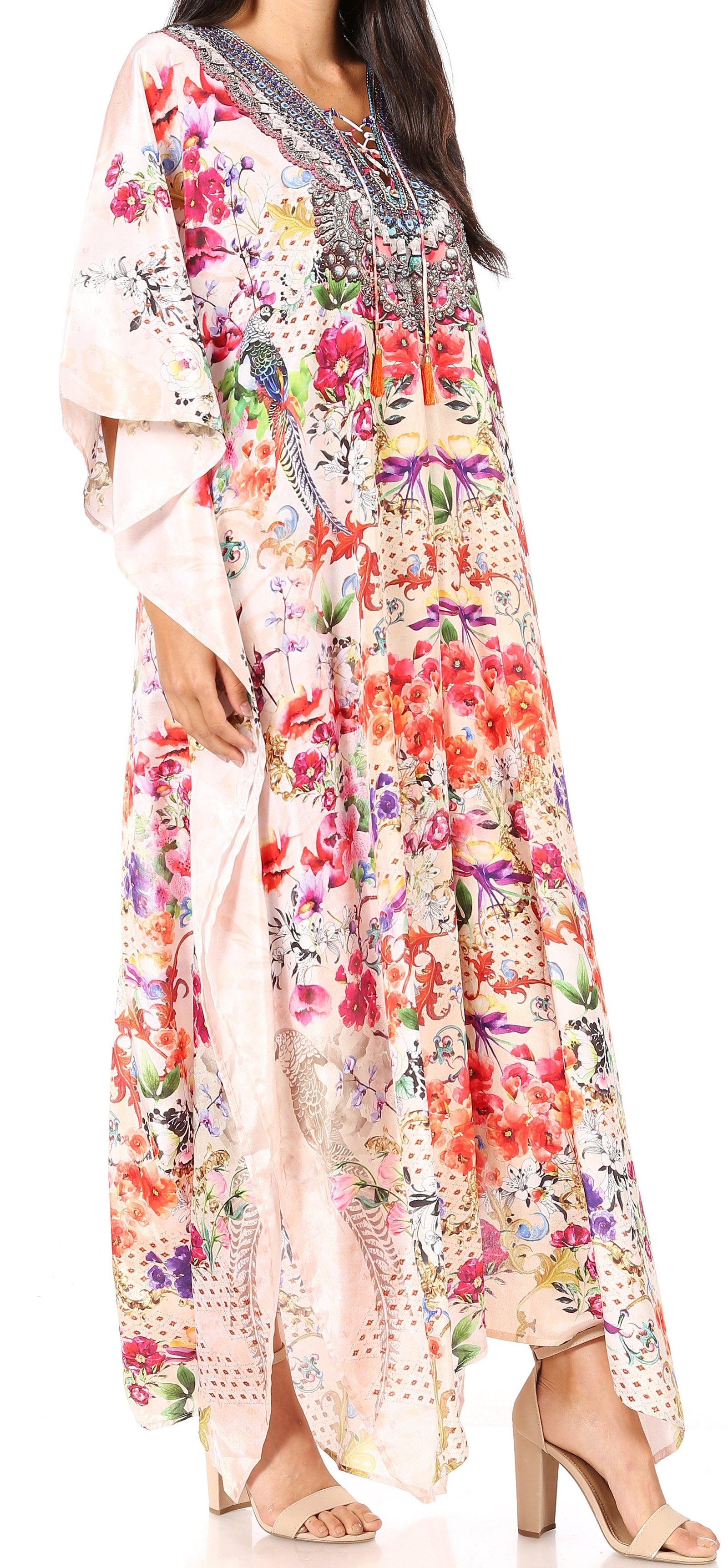 Vestido caftán largo Sakkas Georgettina con escote en V y cristales fluidos
