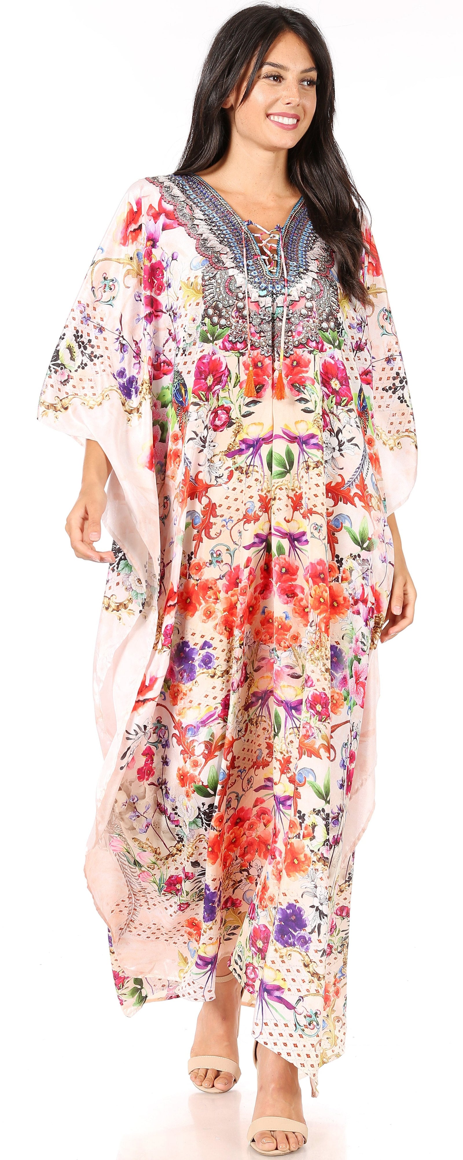 Vestido caftán largo Sakkas Georgettina con escote en V y cristales fluidos