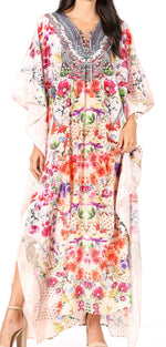 Vestido caftán largo Sakkas Georgettina con escote en V y cristales fluidos