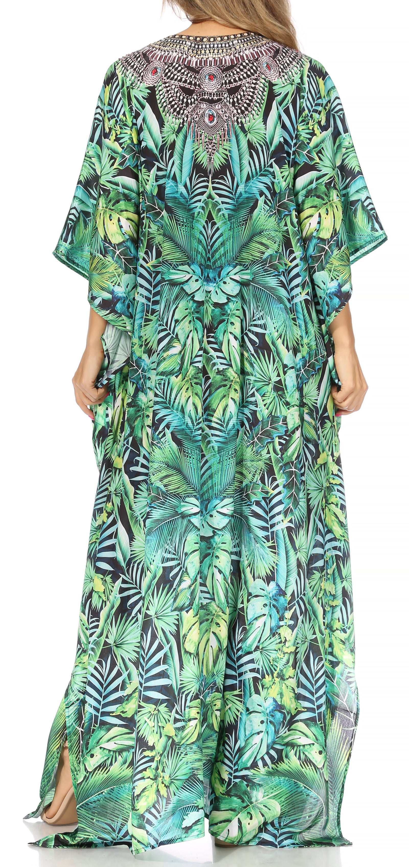 Vestido caftán largo Sakkas Georgettina con escote en V y cristales fluidos