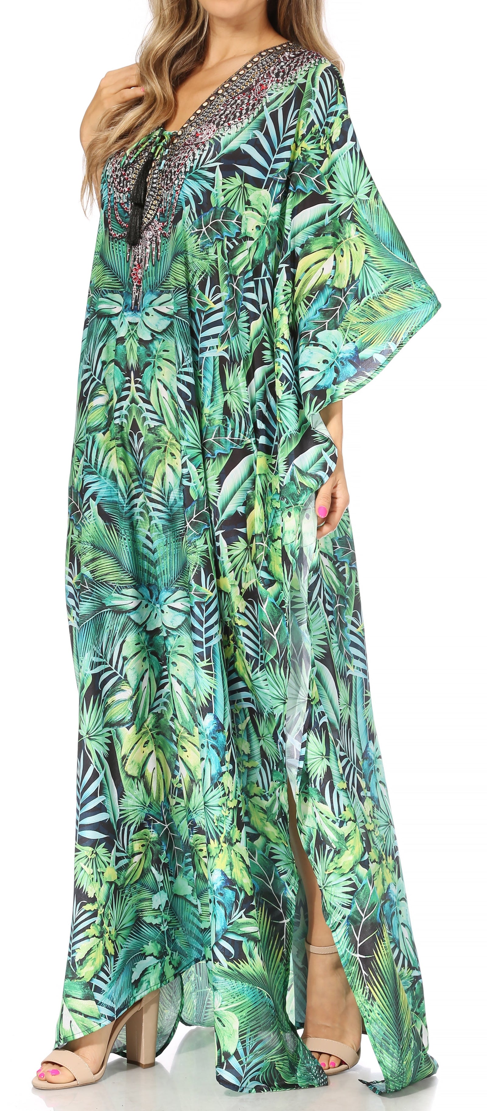 Vestido caftán largo Sakkas Georgettina con escote en V y cristales fluidos