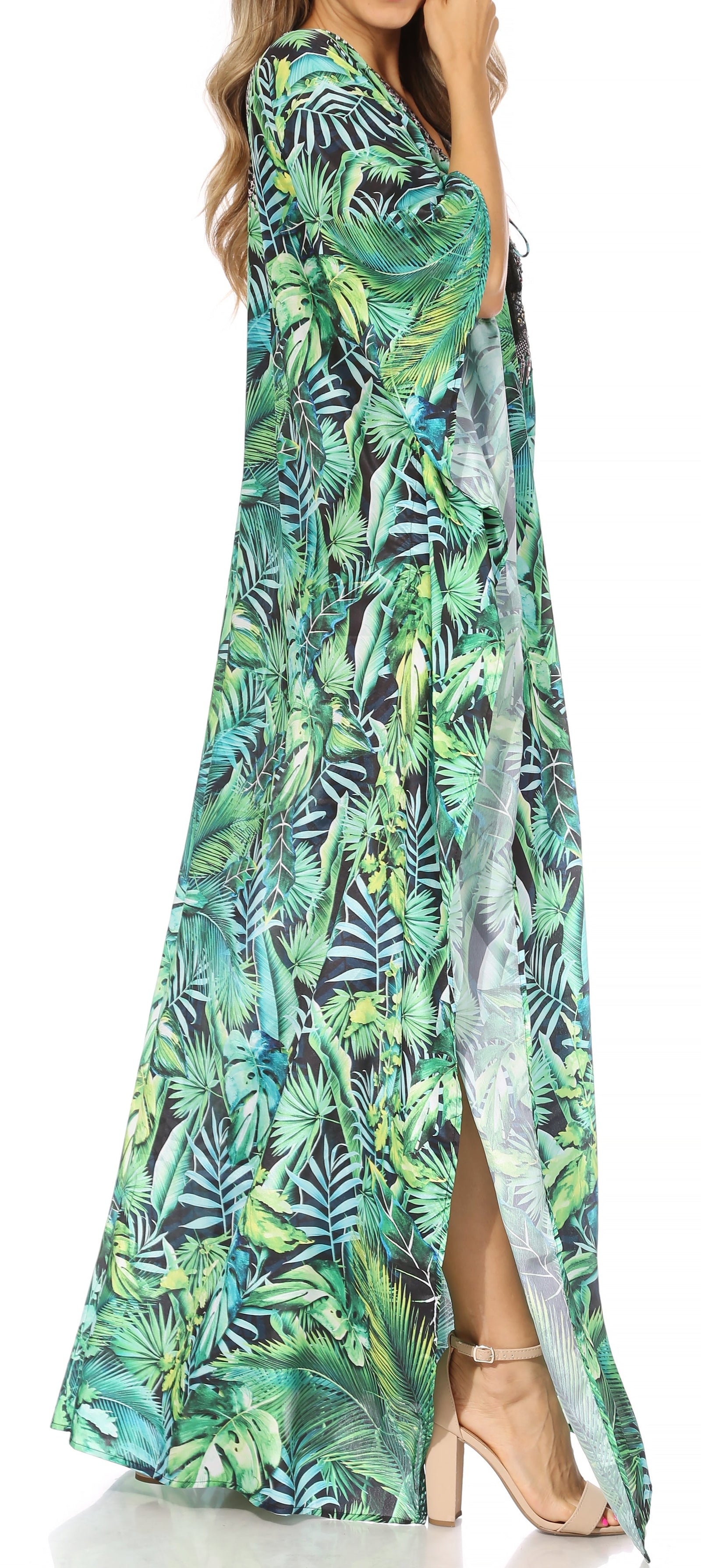 Vestido caftán largo Sakkas Georgettina con escote en V y cristales fluidos