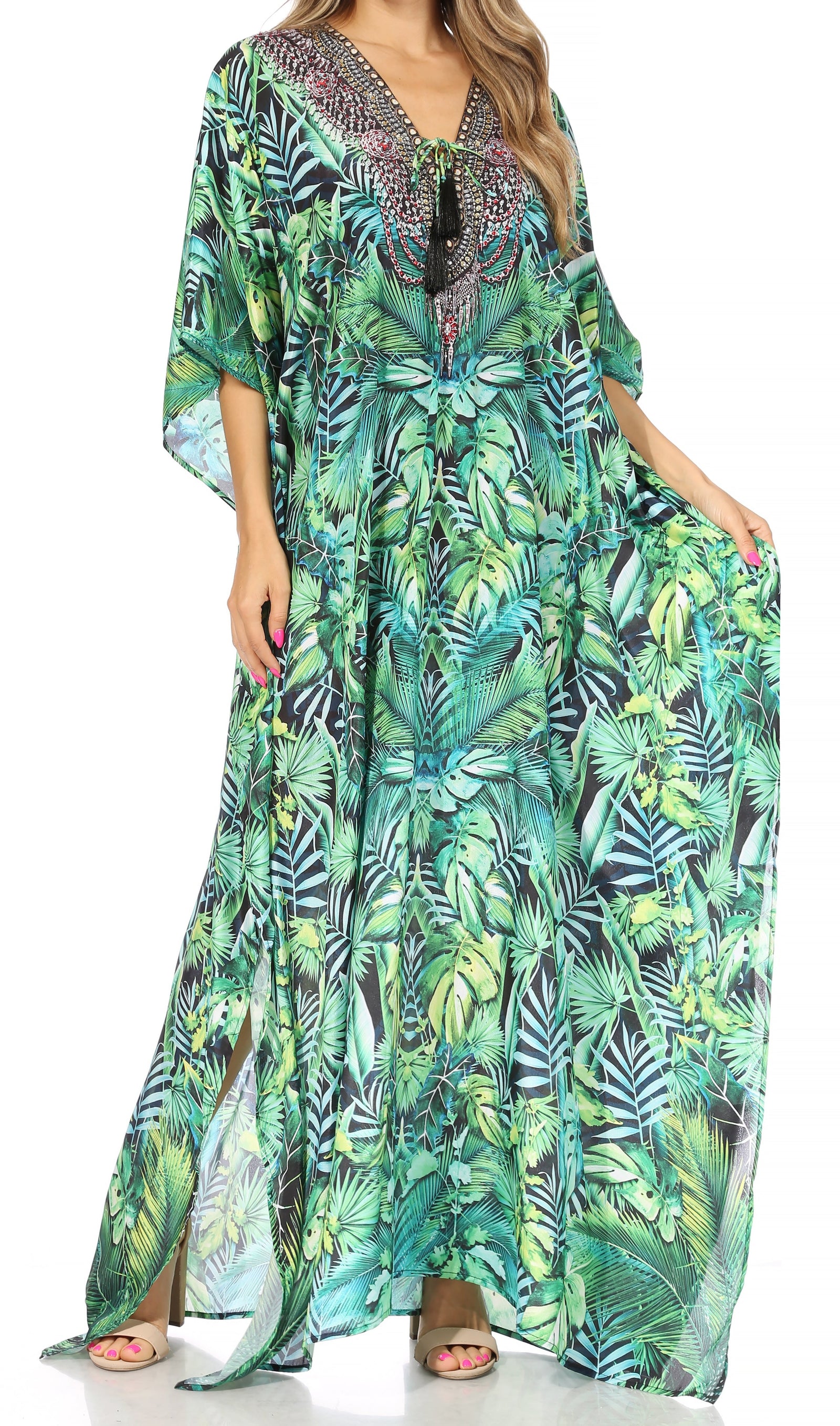 Vestido caftán largo Sakkas Georgettina con escote en V y cristales fluidos