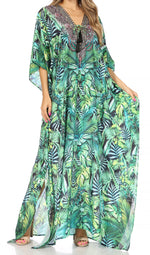 Vestido caftán largo Sakkas Georgettina con escote en V y cristales fluidos