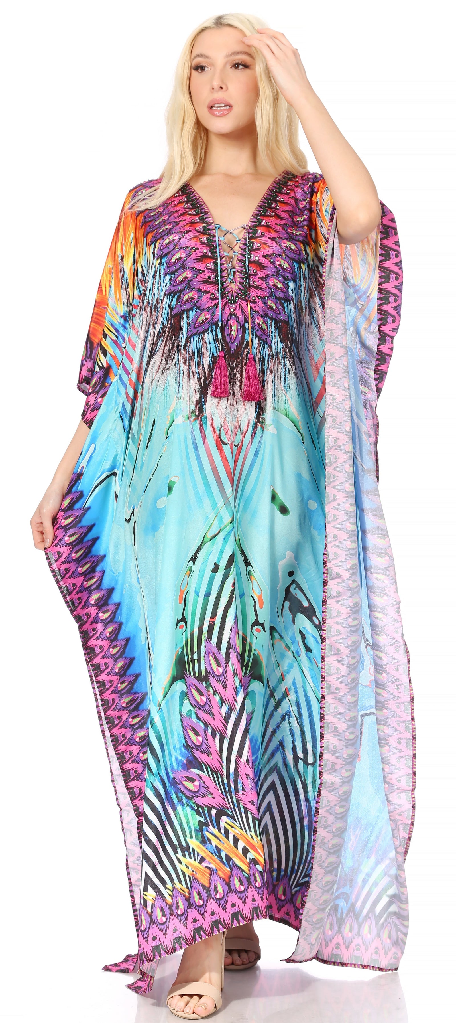 Vestido caftán largo Sakkas Georgettina con escote en V y cristales fluidos