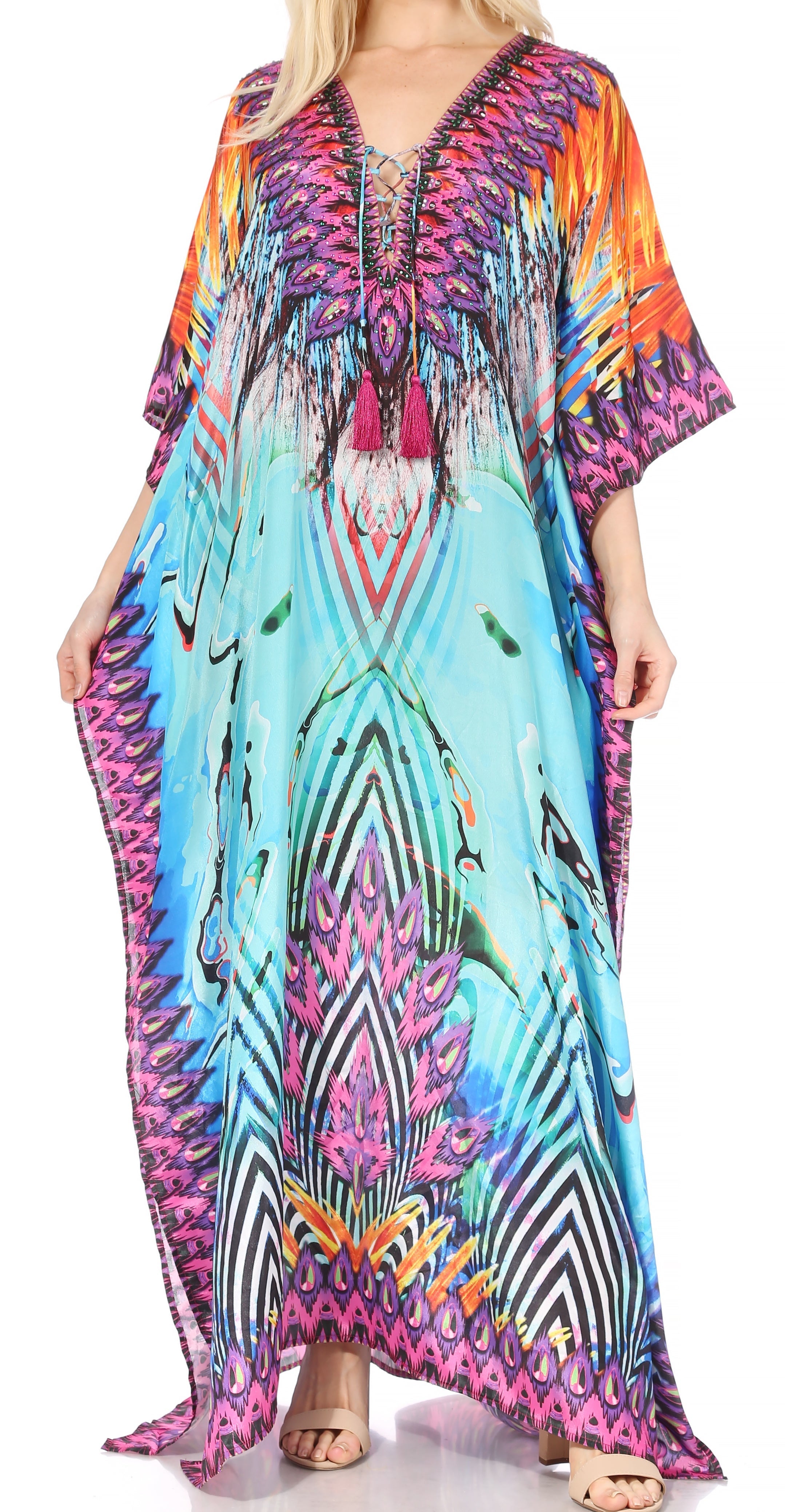 Vestido caftán largo Sakkas Georgettina con escote en V y cristales fluidos
