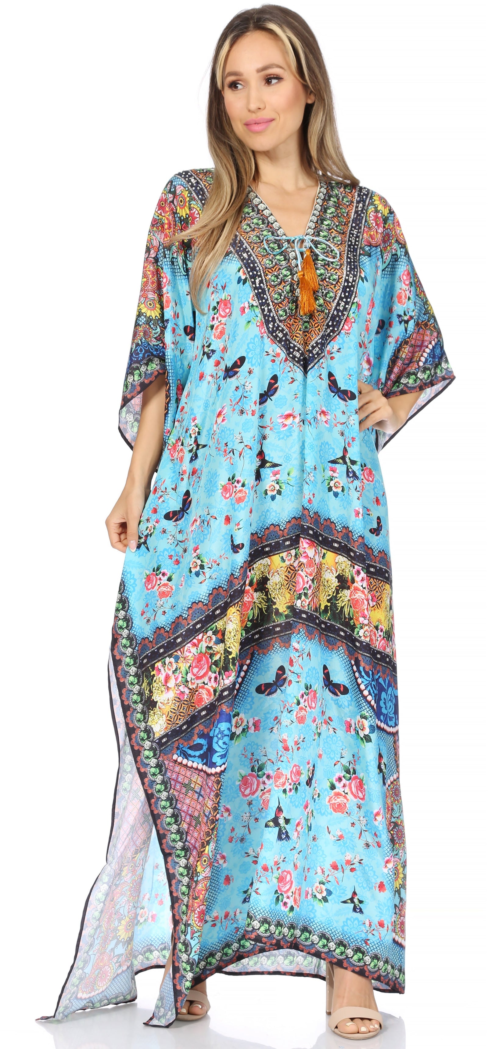 Vestido caftán largo Sakkas Georgettina con escote en V y cristales fluidos