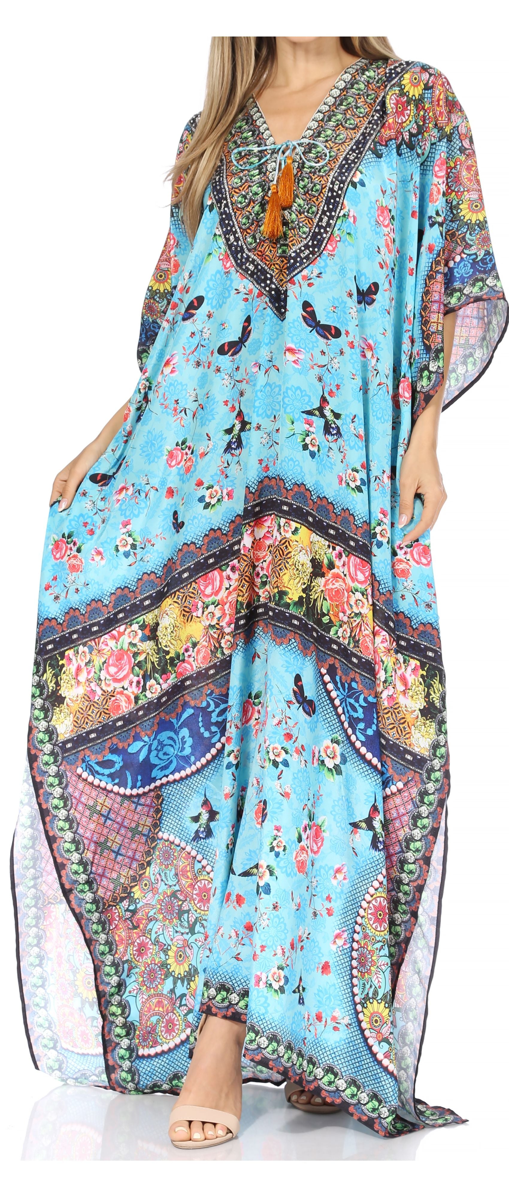Vestido caftán largo Sakkas Georgettina con escote en V y cristales fluidos