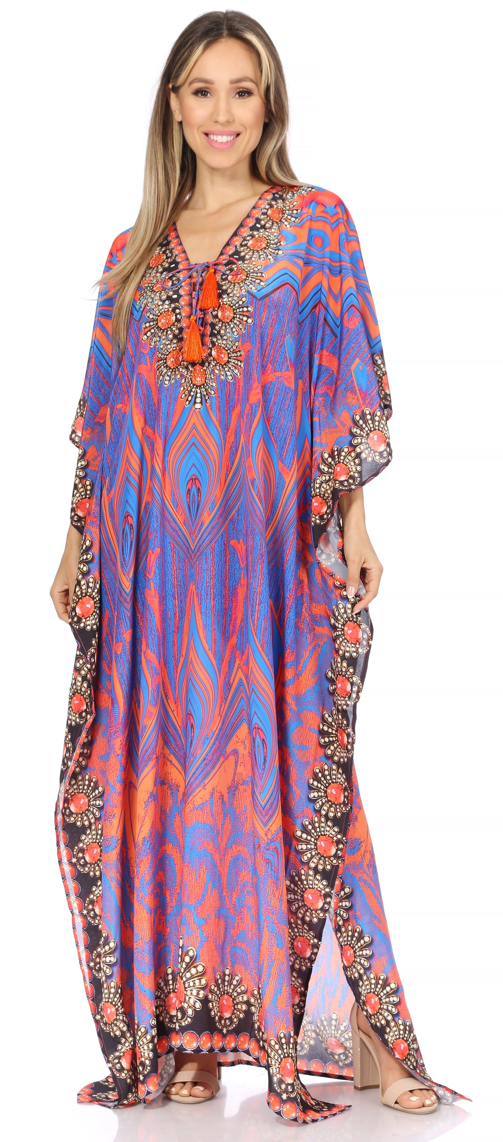 Vestido caftán largo Sakkas Georgettina con escote en V y cristales fluidos