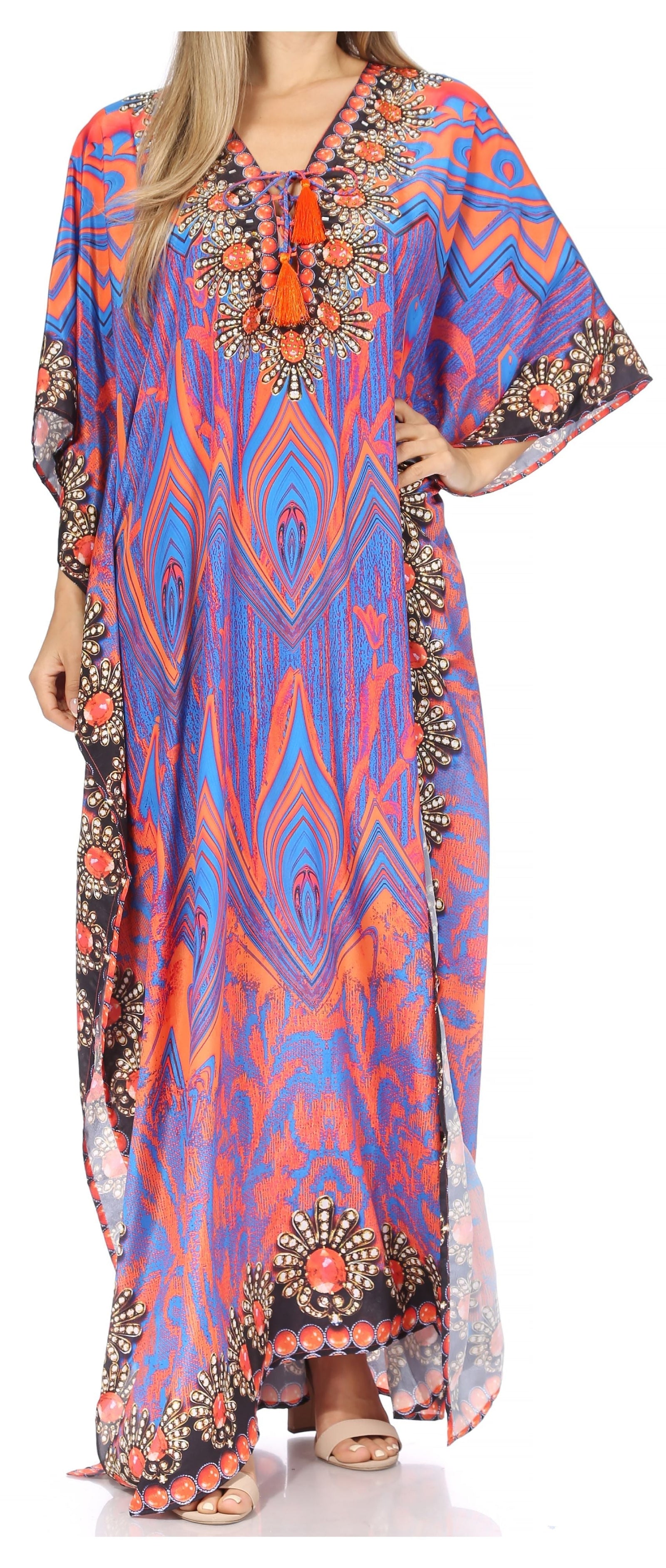 Vestido caftán largo Sakkas Georgettina con escote en V y cristales fluidos