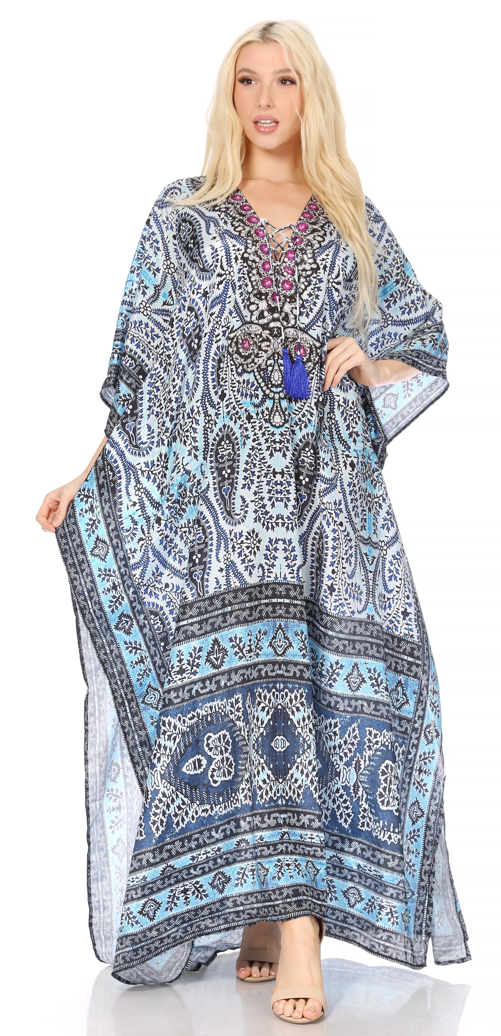 Vestido caftán largo Sakkas Georgettina con escote en V y cristales fluidos