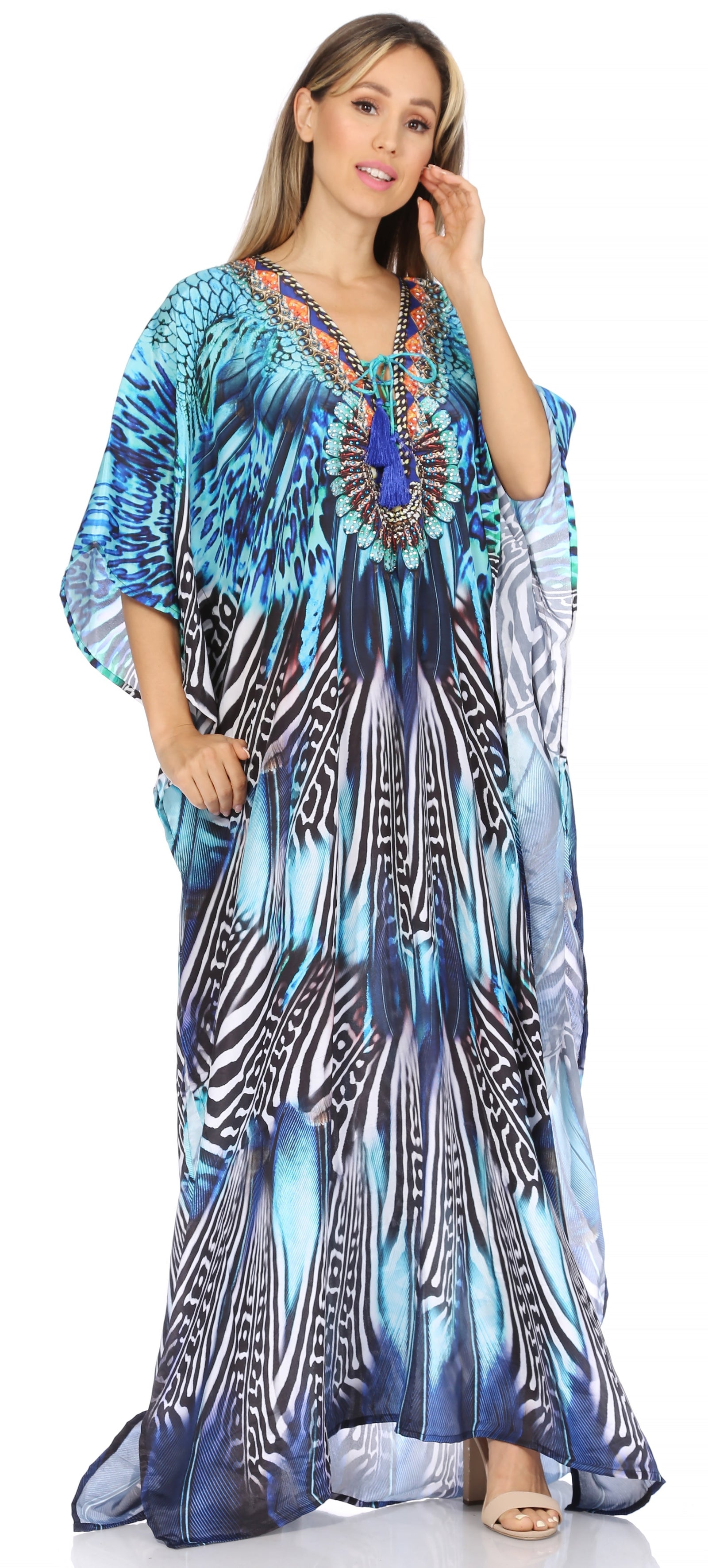Vestido caftán largo Sakkas Georgettina con escote en V y cristales fluidos