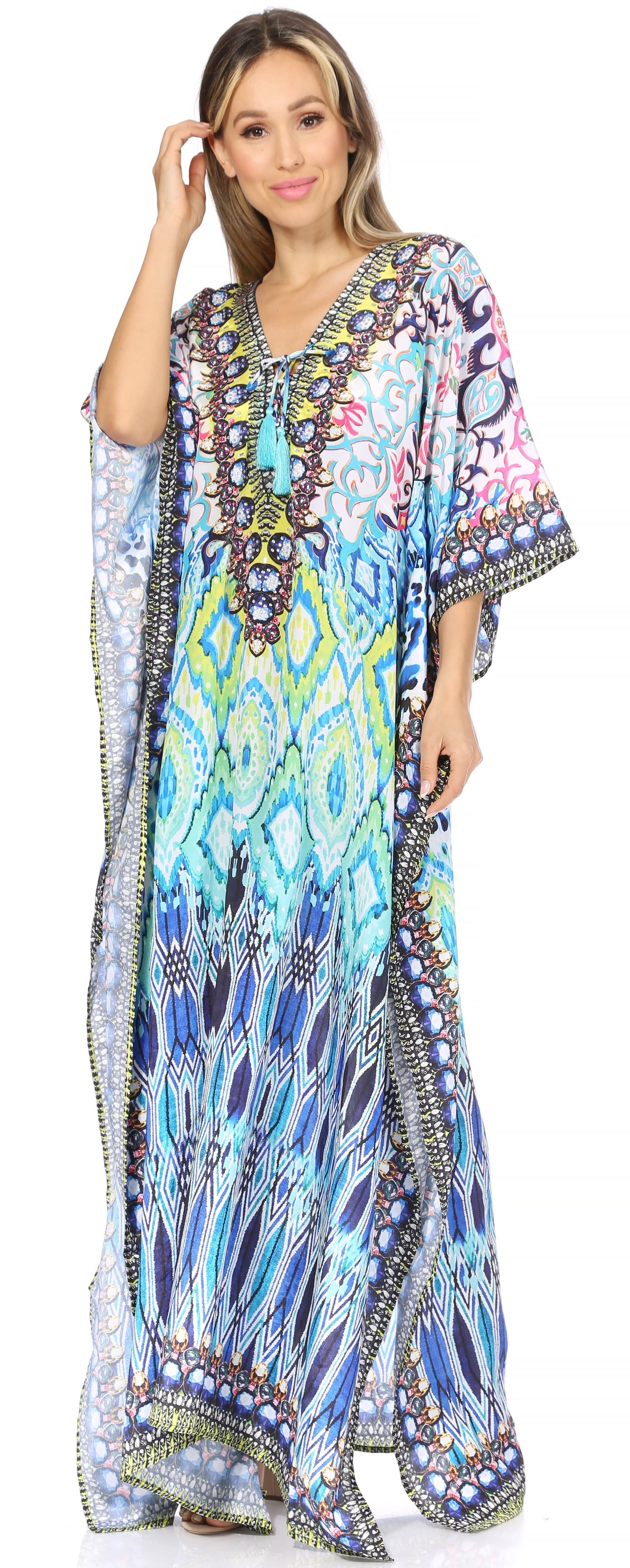 Vestido caftán largo Sakkas Georgettina con escote en V y cristales fluidos