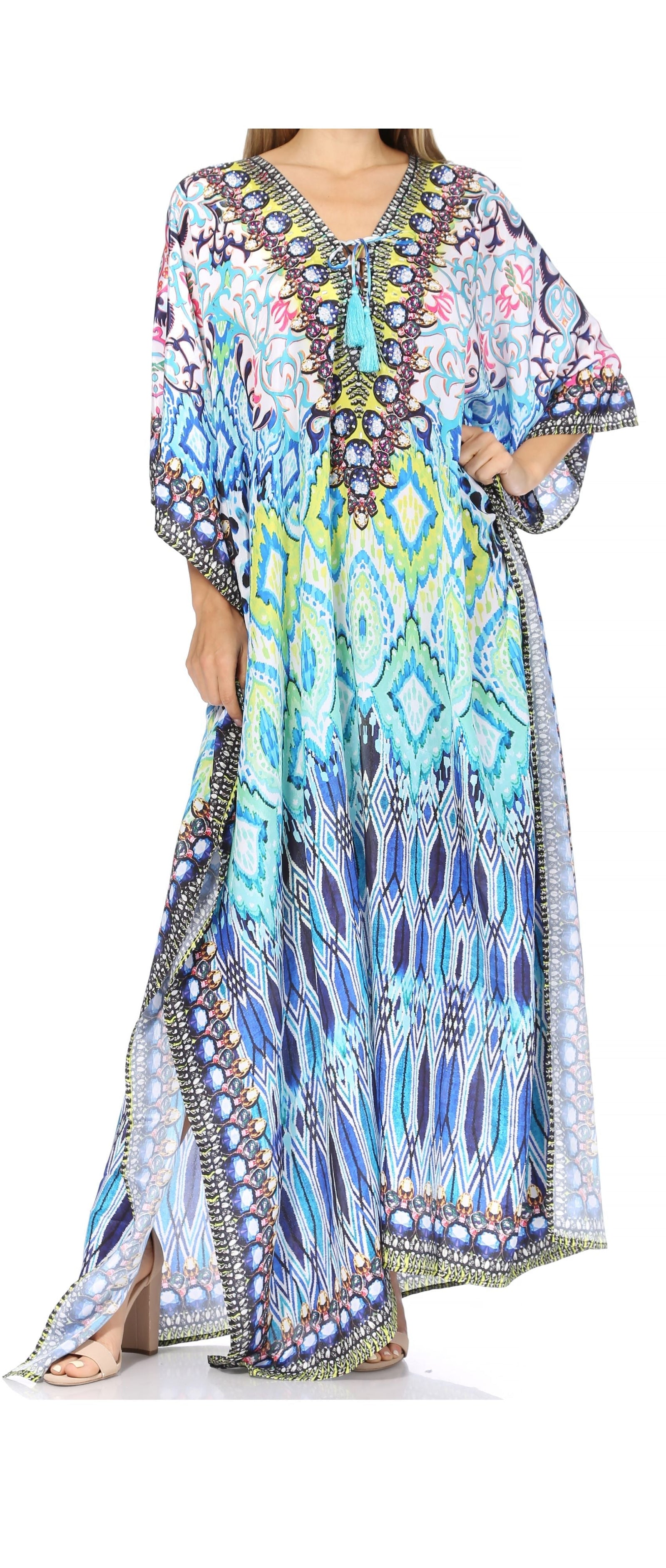 Vestido caftán largo Sakkas Georgettina con escote en V y cristales fluidos