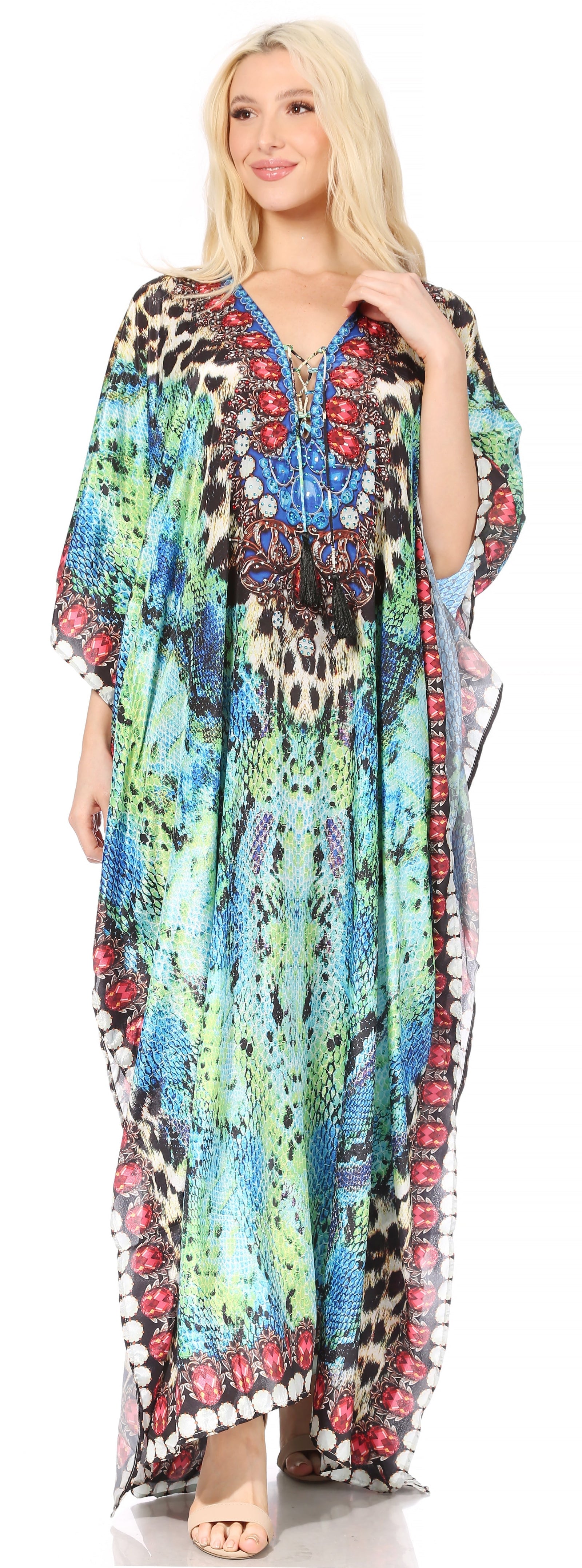Vestido caftán largo Sakkas Georgettina con escote en V y cristales fluidos