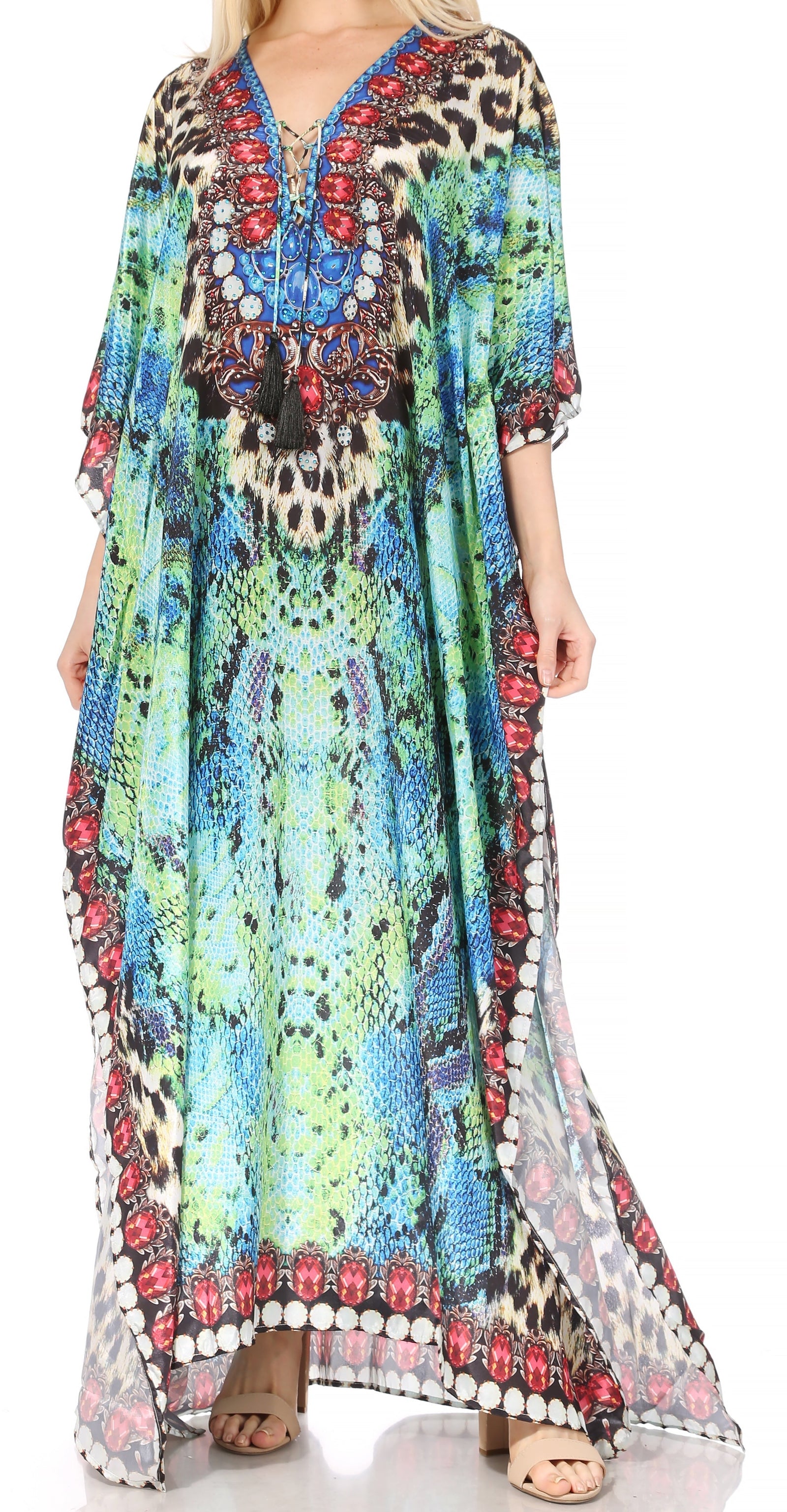 Vestido caftán largo Sakkas Georgettina con escote en V y cristales fluidos