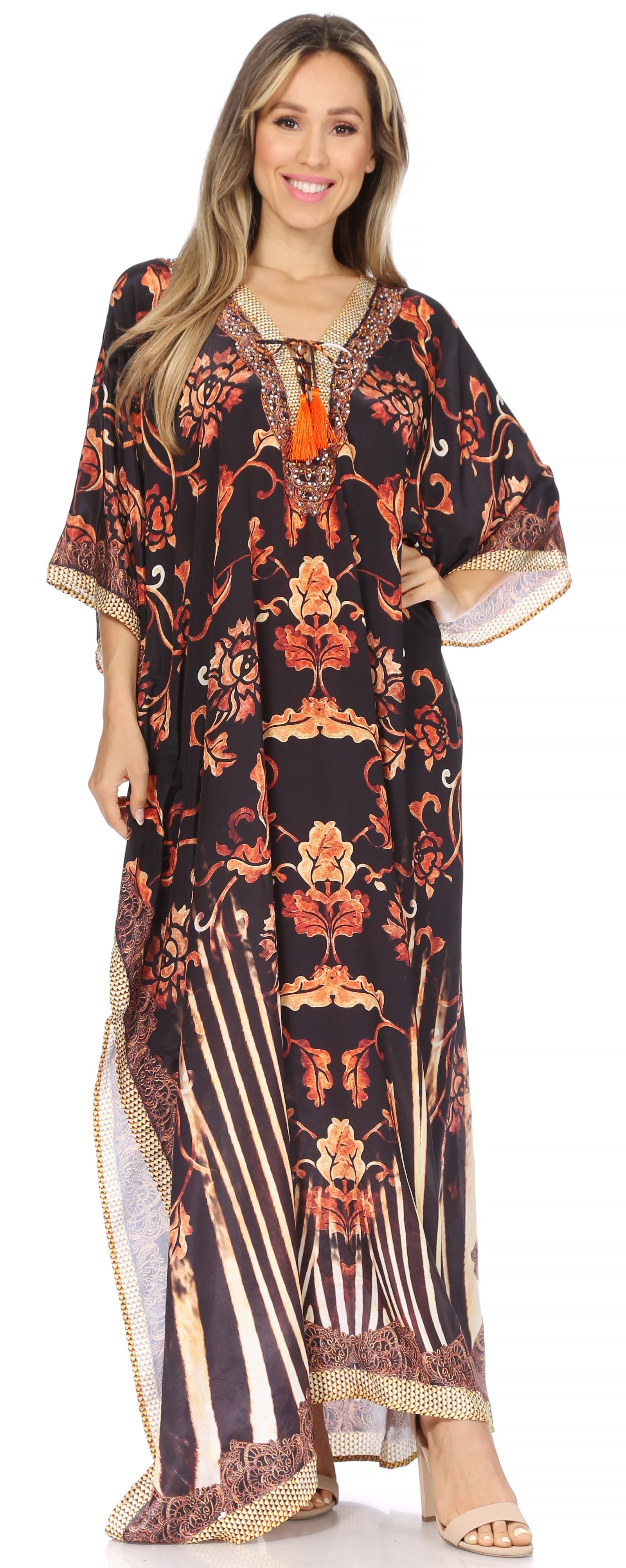 Vestido caftán largo Sakkas Georgettina con escote en V y cristales fluidos