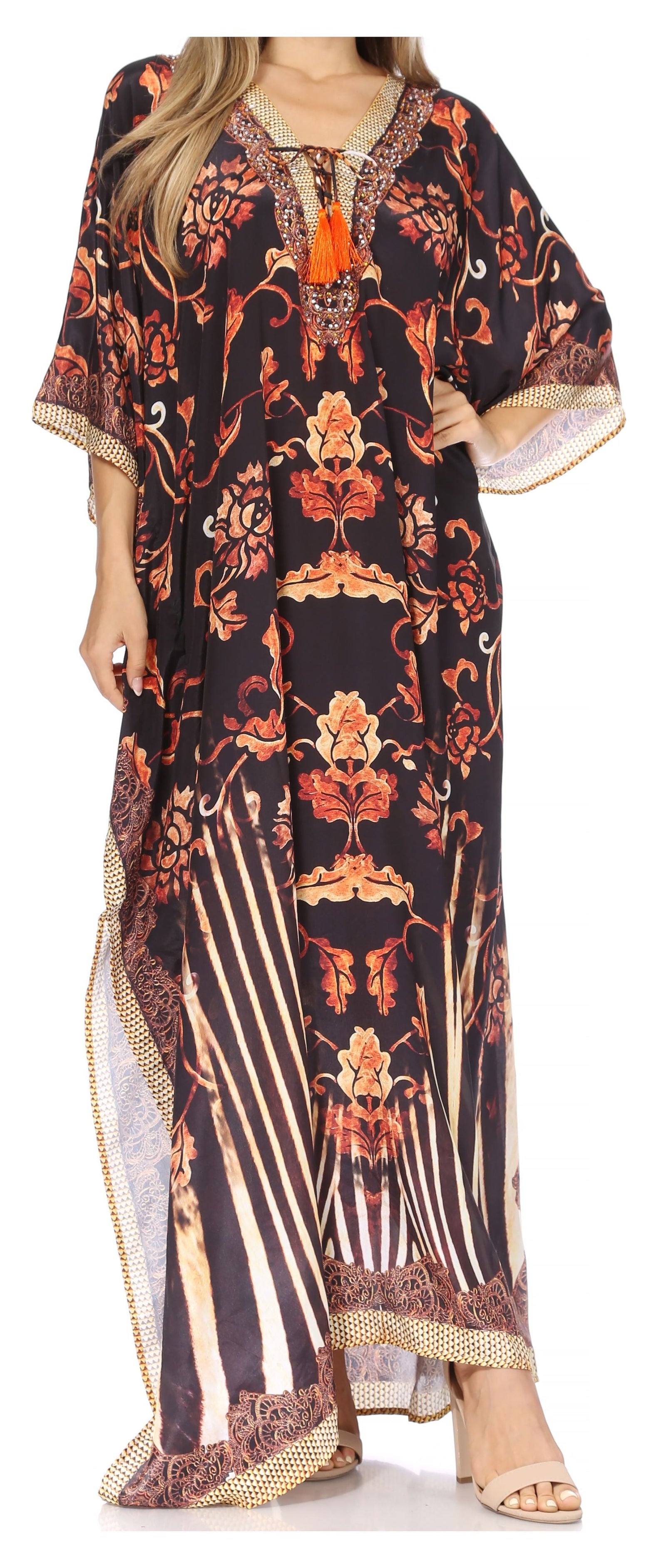 Vestido caftán largo Sakkas Georgettina con escote en V y cristales fluidos