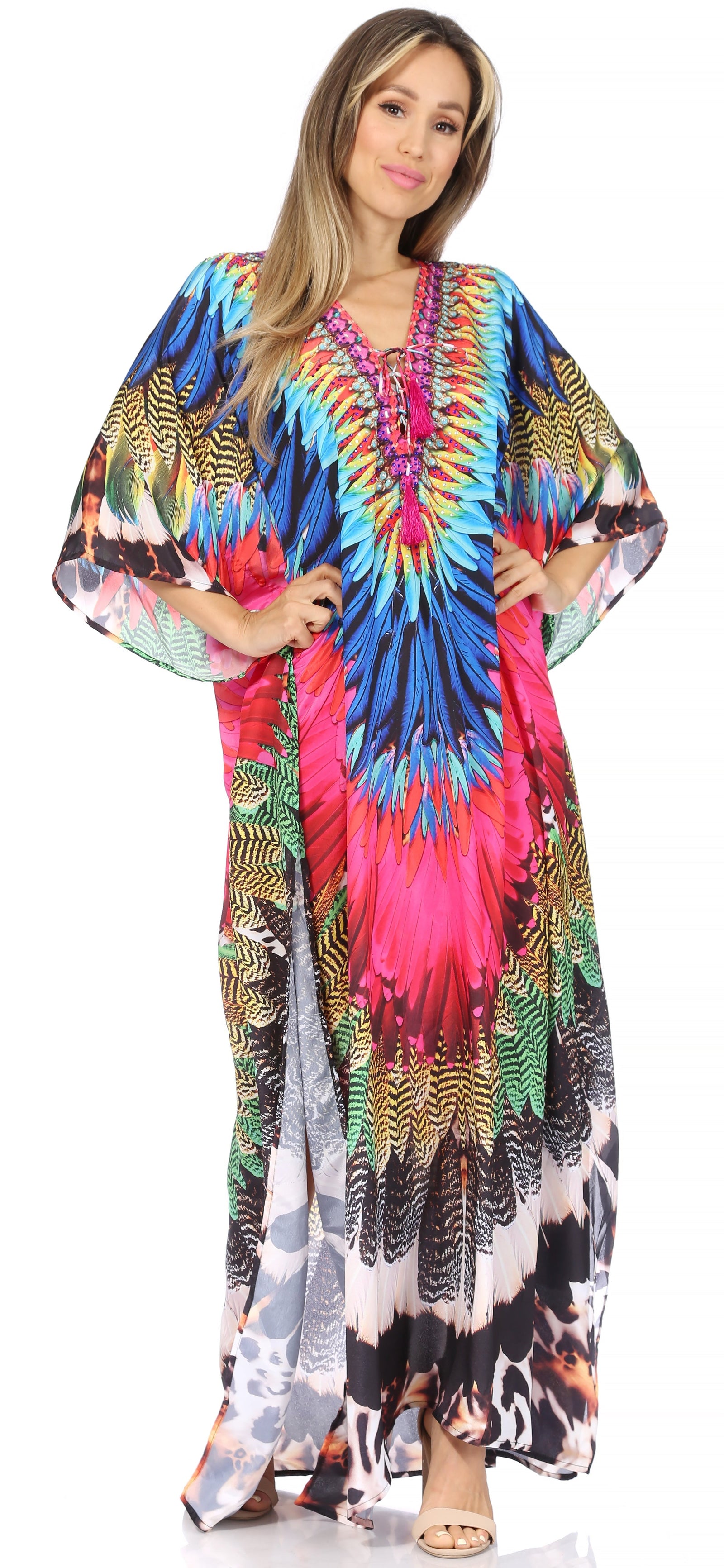 Vestido caftán largo Sakkas Georgettina con escote en V y cristales fluidos