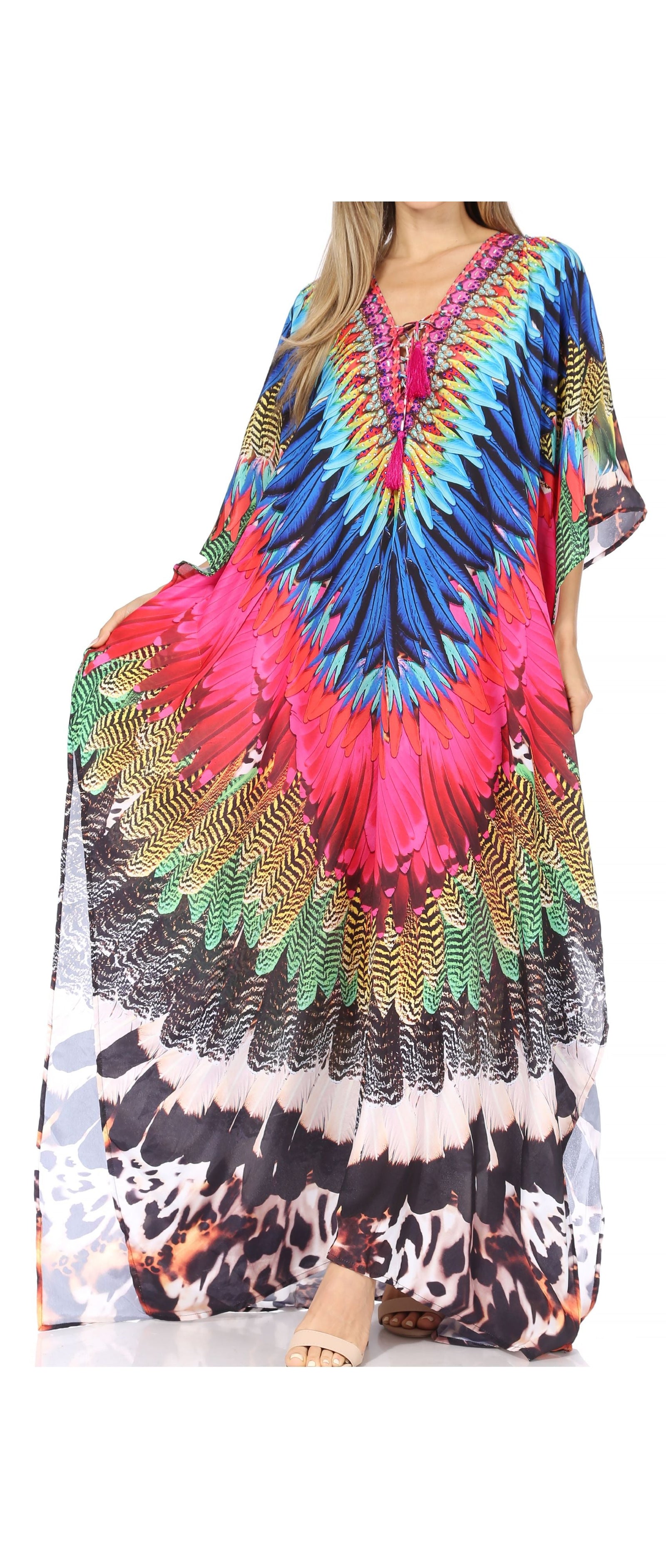 Vestido caftán largo Sakkas Georgettina con escote en V y cristales fluidos