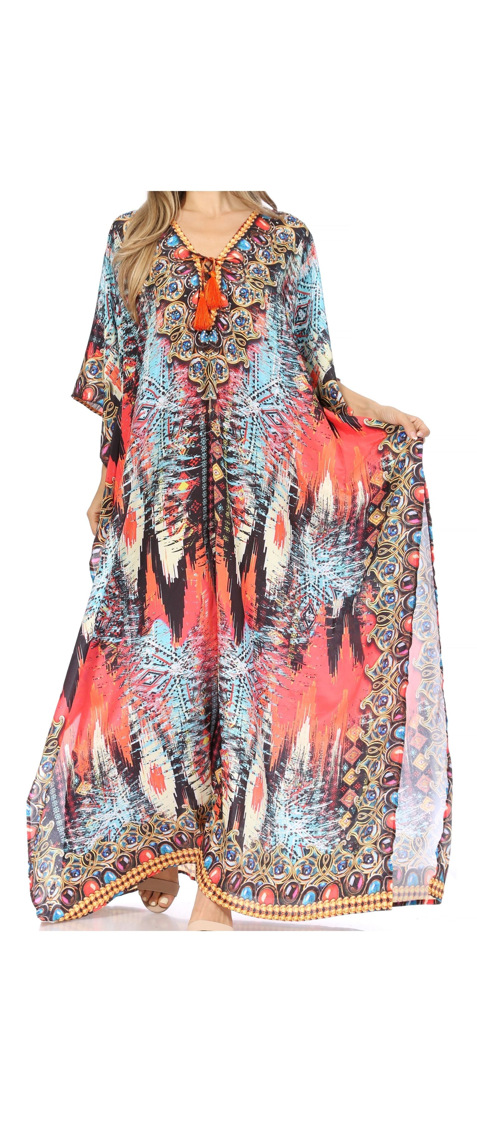 Vestido caftán largo Sakkas Georgettina con escote en V y cristales fluidos