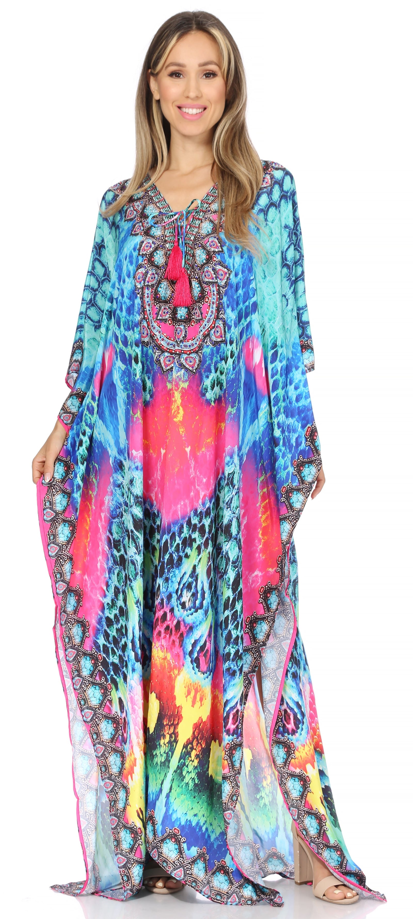 Vestido caftán largo Sakkas Georgettina con escote en V y cristales fluidos