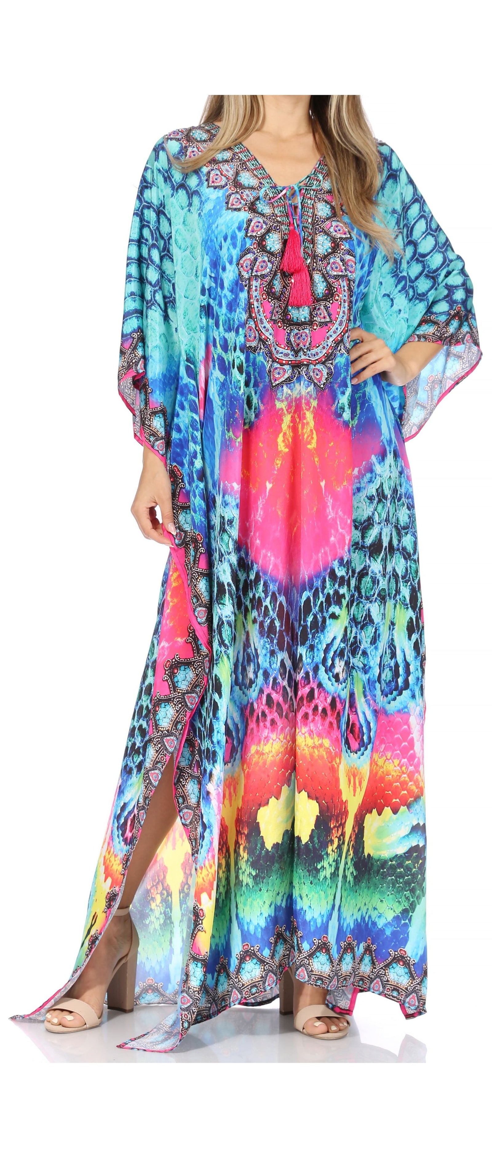 Vestido caftán largo Sakkas Georgettina con escote en V y cristales fluidos