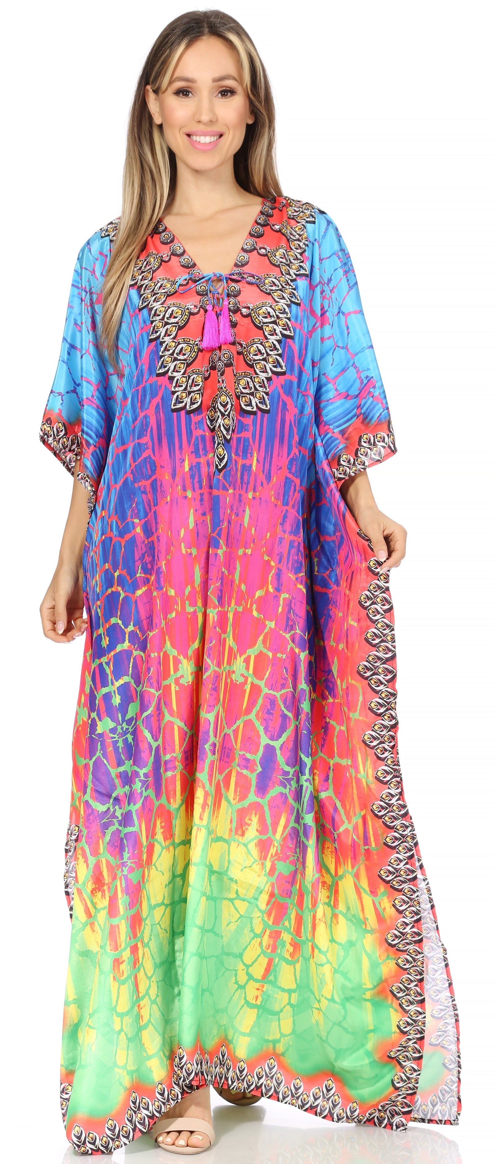 Vestido caftán largo Sakkas Georgettina con escote en V y cristales fluidos