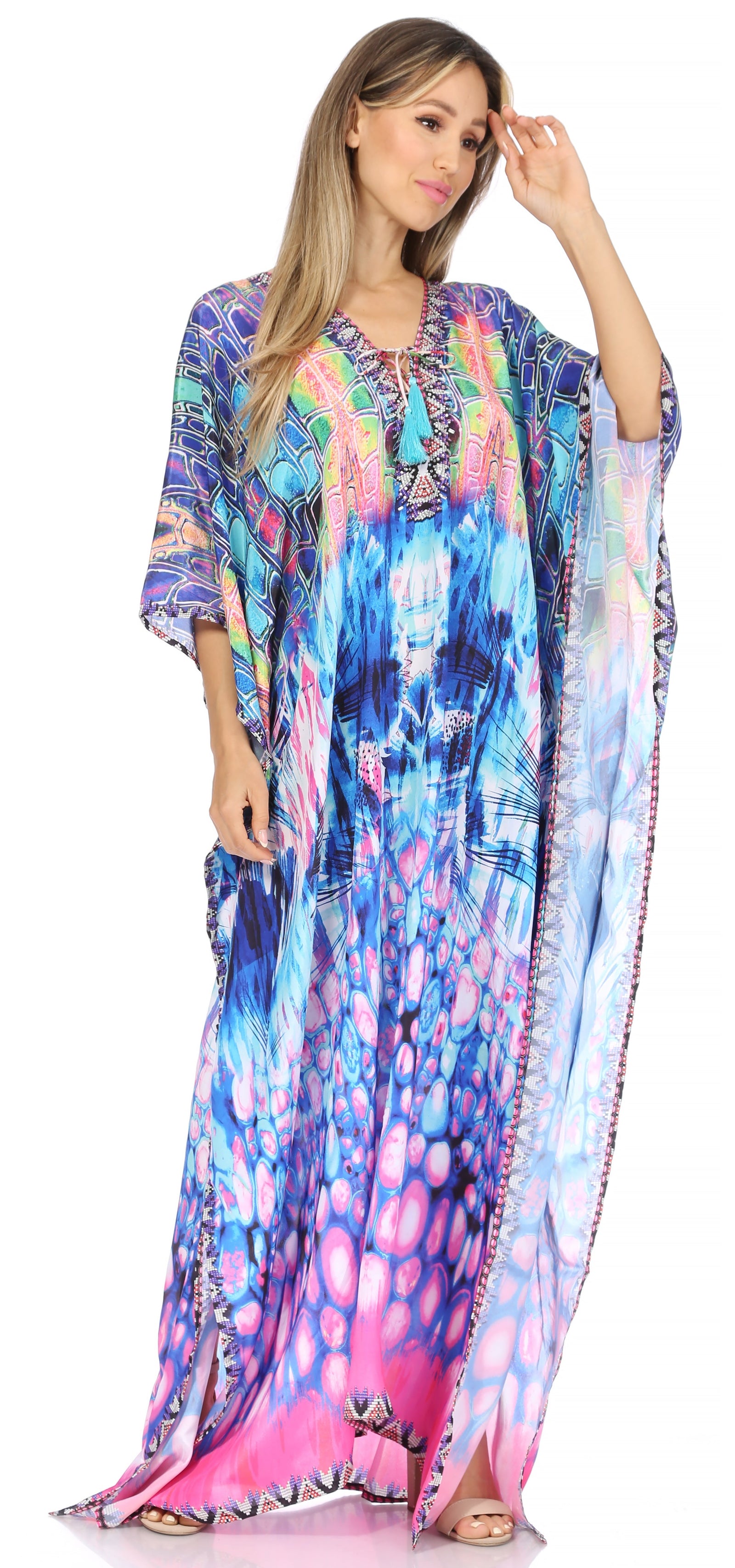Vestido caftán largo Sakkas Georgettina con escote en V y cristales fluidos