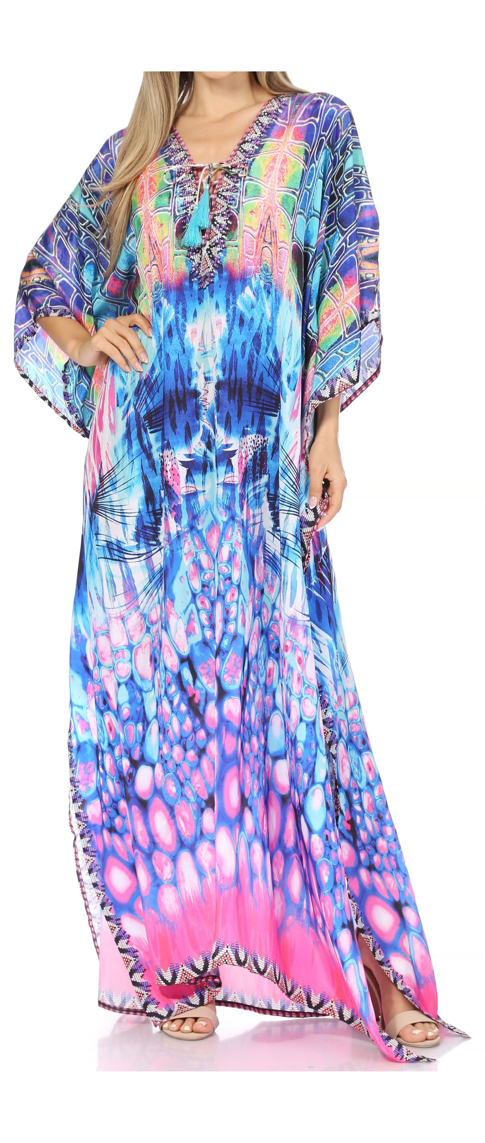 Vestido caftán largo Sakkas Georgettina con escote en V y cristales fluidos