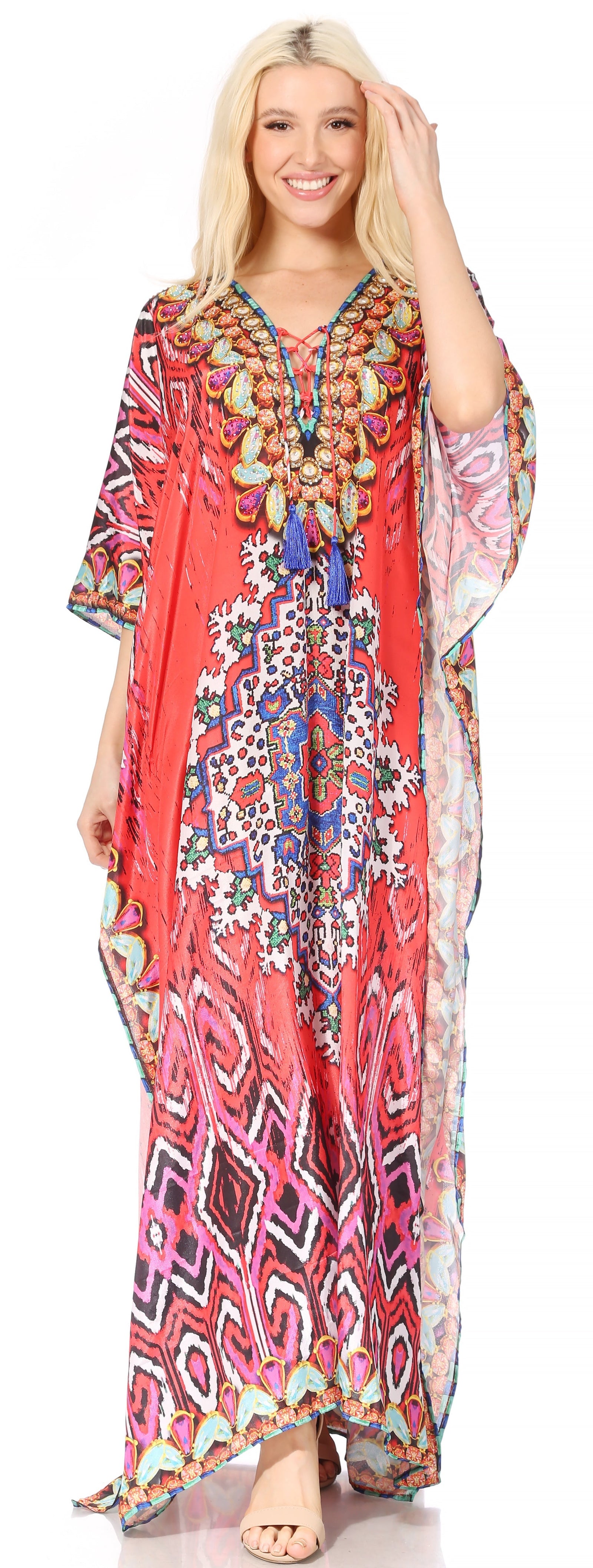 Vestido caftán largo Sakkas Georgettina con escote en V y cristales fluidos
