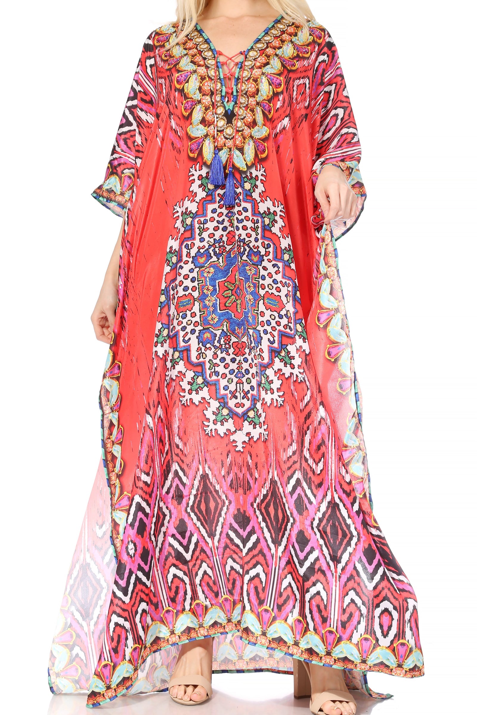 Vestido caftán largo Sakkas Georgettina con escote en V y cristales fluidos