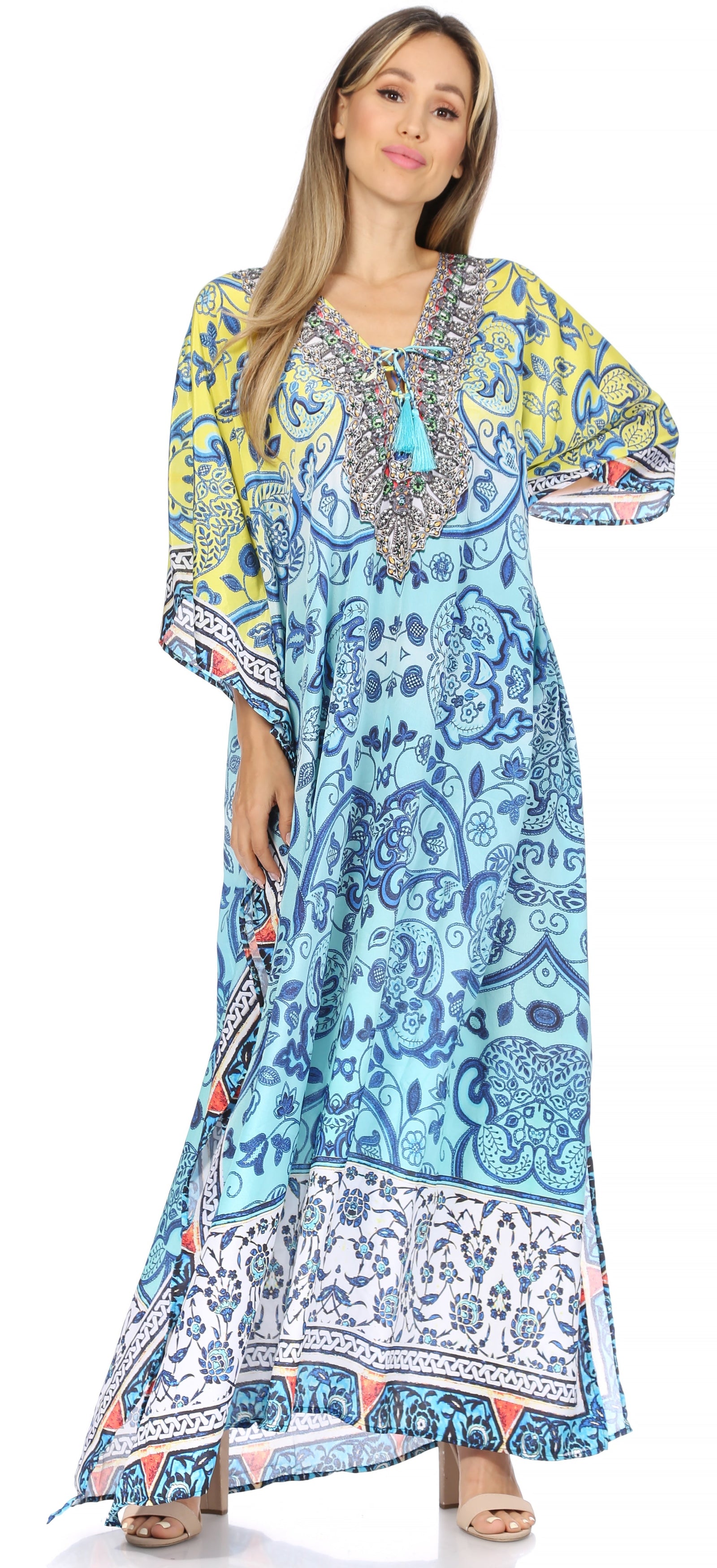 Vestido caftán largo Sakkas Georgettina con escote en V y cristales fluidos