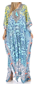 Vestido caftán largo Sakkas Georgettina con escote en V y cristales fluidos