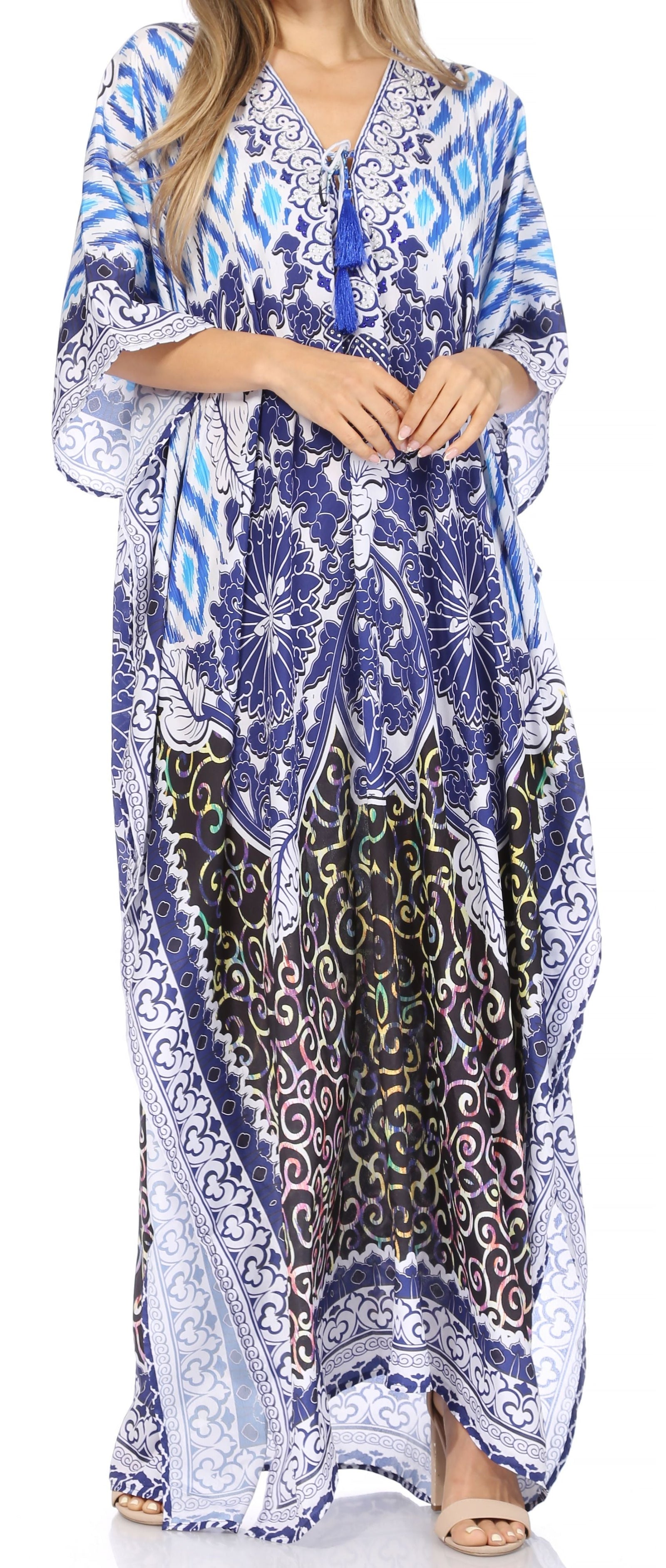 Vestido caftán largo Sakkas Georgettina con escote en V y cristales fluidos