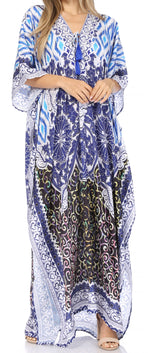 Vestido caftán largo Sakkas Georgettina con escote en V y cristales fluidos