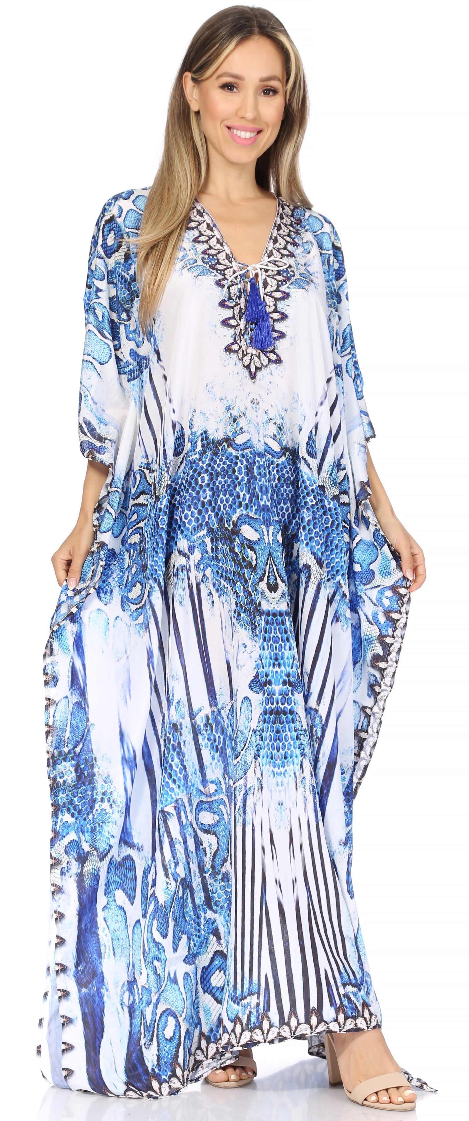 Vestido caftán largo Sakkas Georgettina con escote en V y cristales fluidos