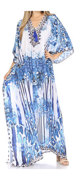Vestido caftán largo Sakkas Georgettina con escote en V y cristales fluidos