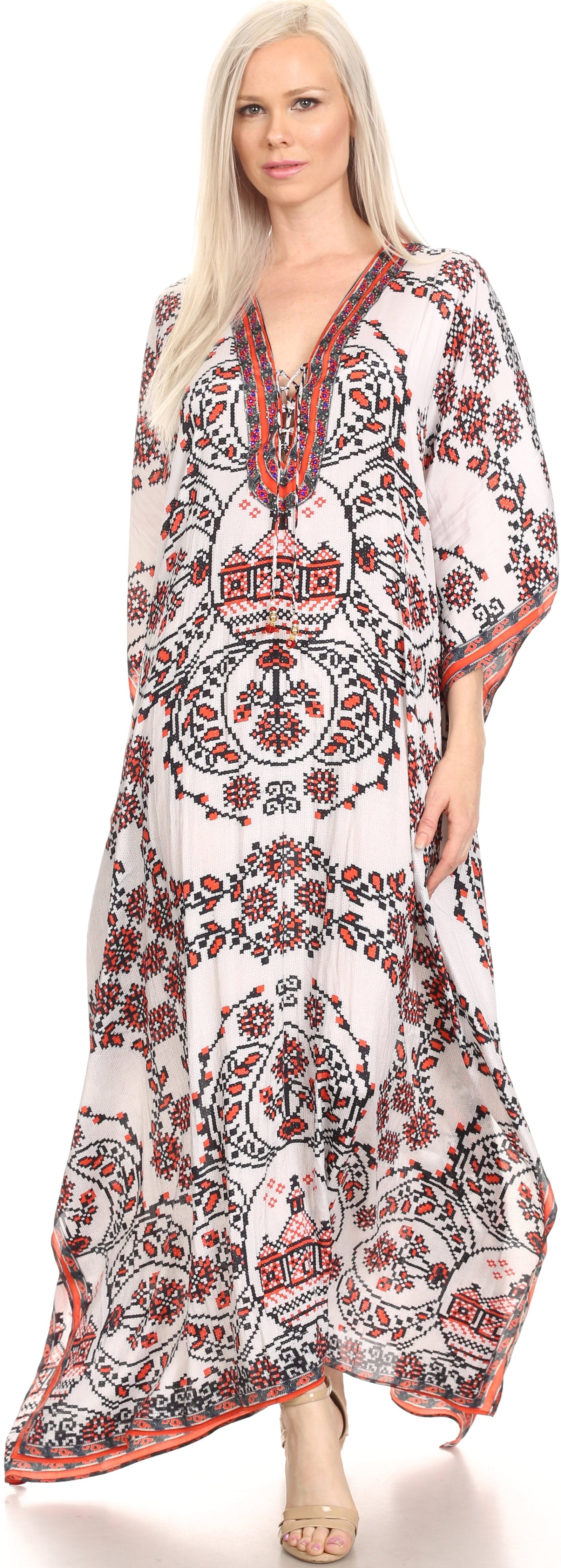 Vestido caftán largo Sakkas Georgettina con escote en V y cristales fluidos