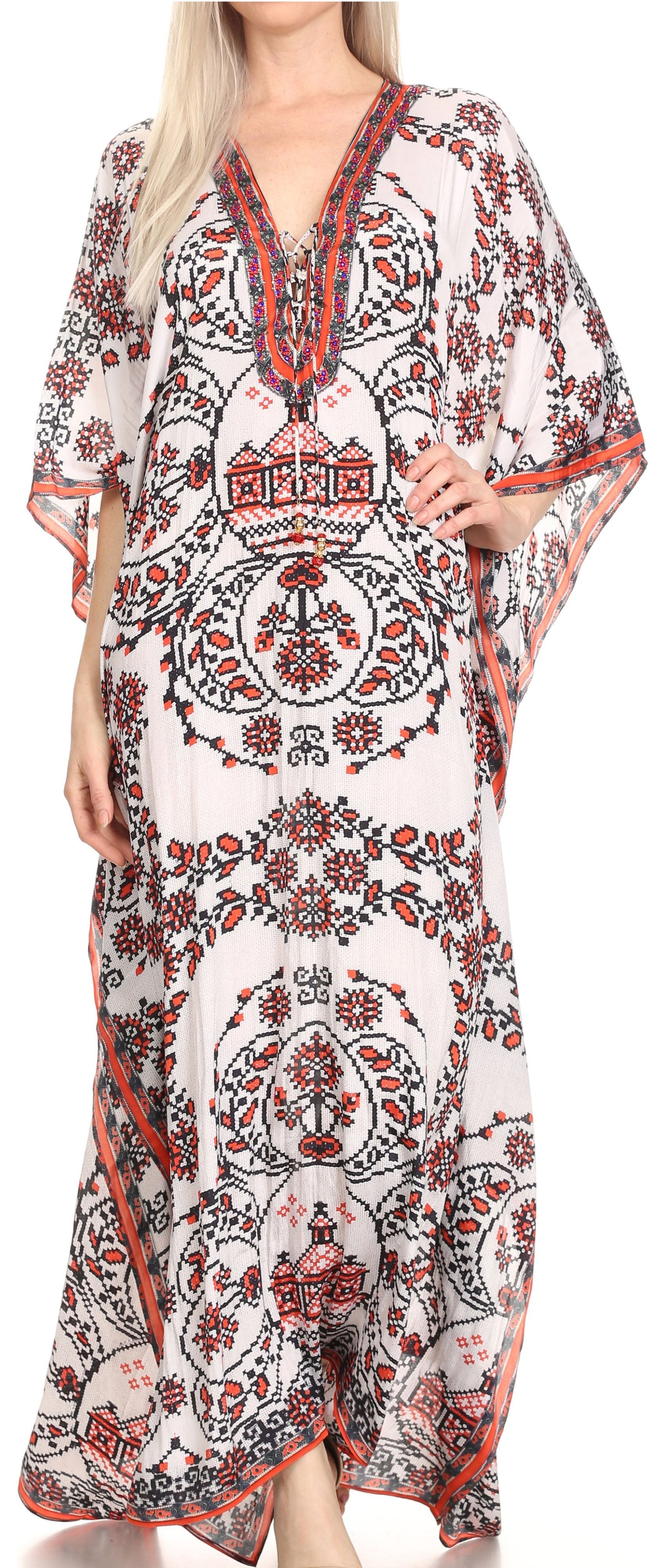 Vestido caftán largo Sakkas Georgettina con escote en V y cristales fluidos
