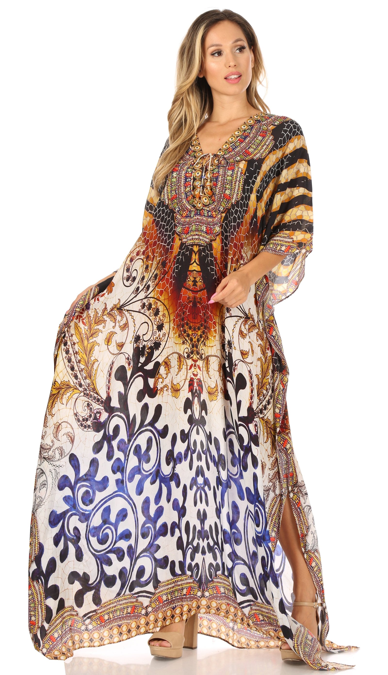 Vestido caftán largo Sakkas Georgettina con escote en V y cristales fluidos