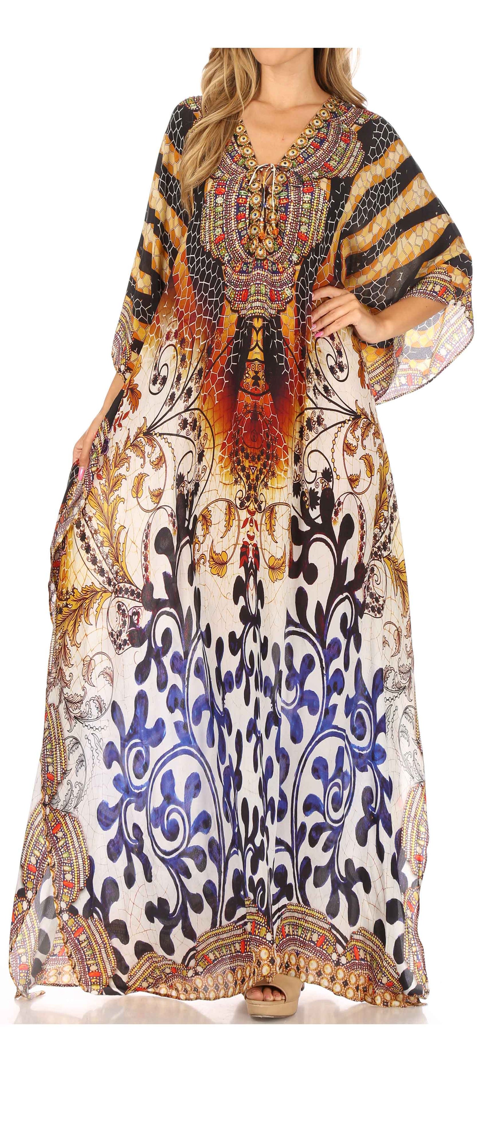 Vestido caftán largo Sakkas Georgettina con escote en V y cristales fluidos