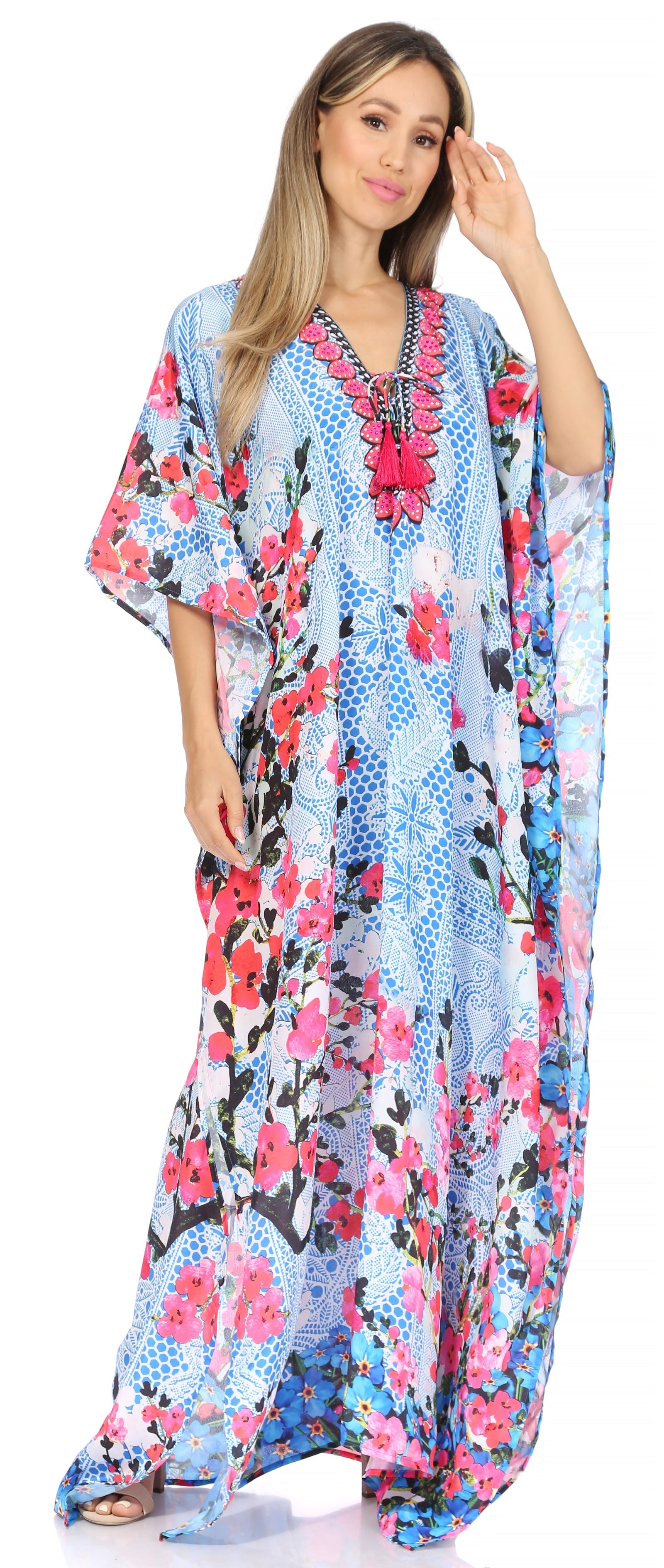 Vestido caftán largo Sakkas Georgettina con escote en V y cristales fluidos