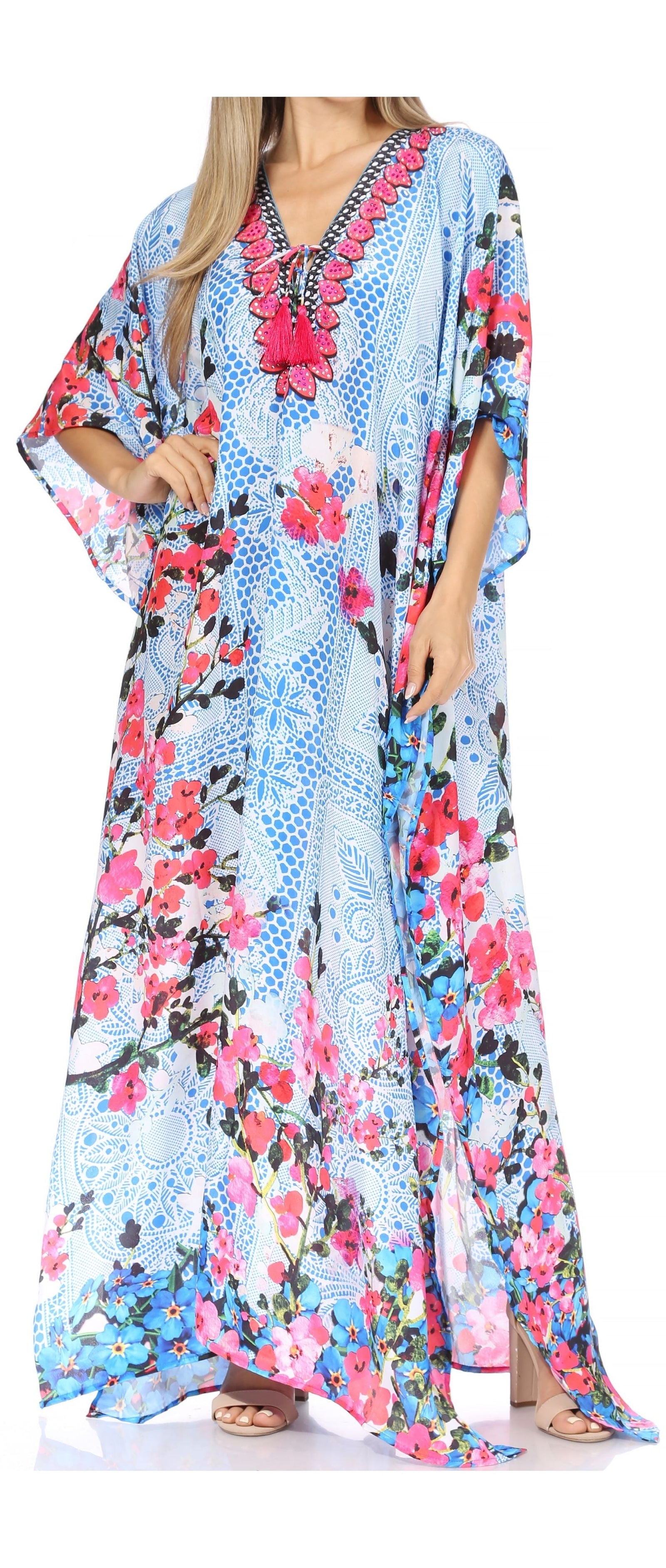 Vestido caftán largo Sakkas Georgettina con escote en V y cristales fluidos