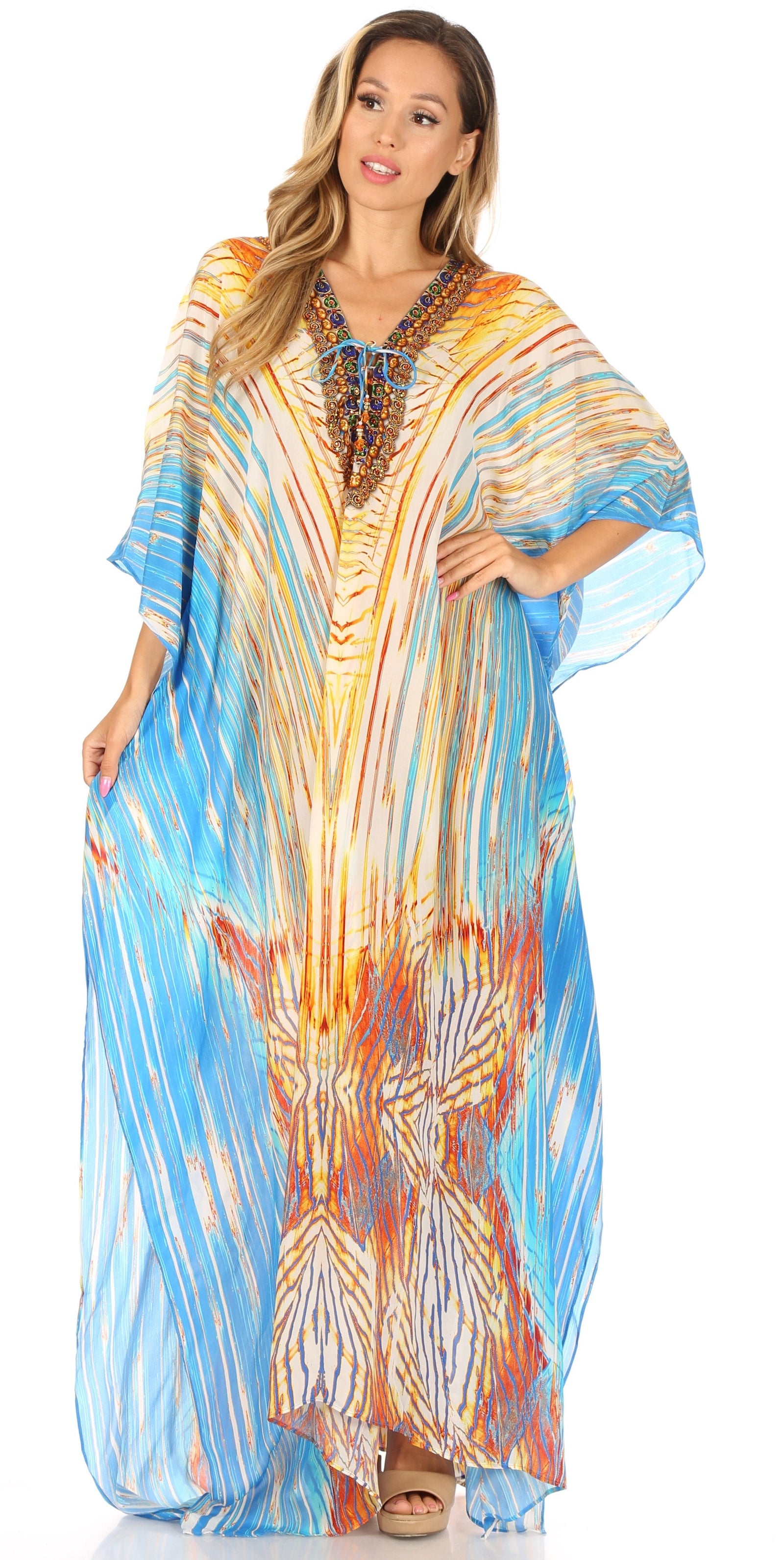 Vestido caftán largo Sakkas Georgettina con escote en V y cristales fluidos