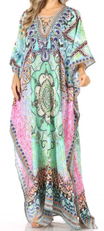 Vestido caftán largo Sakkas Georgettina con escote en V y cristales fluidos
