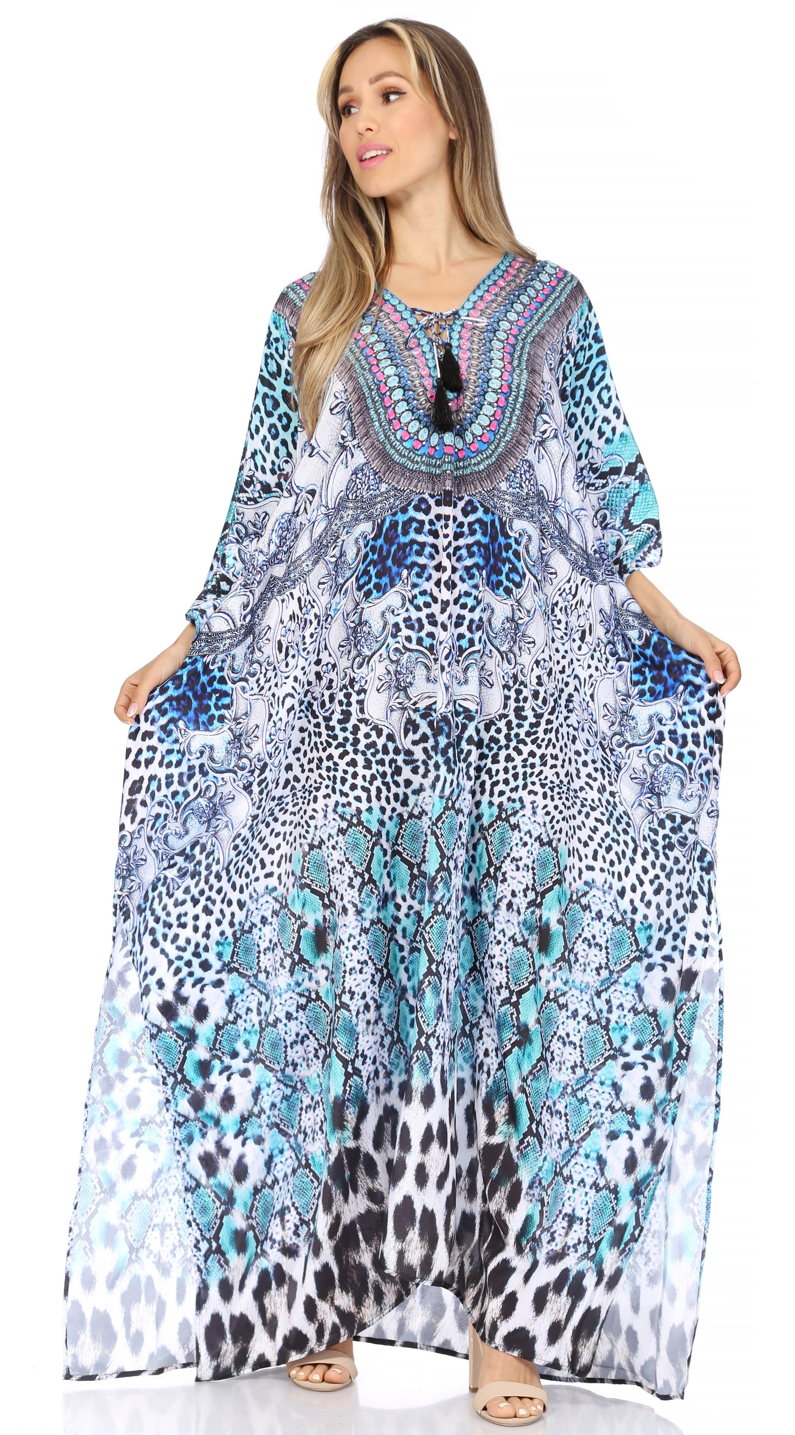 Vestido caftán largo Sakkas Georgettina con escote en V y cristales fluidos